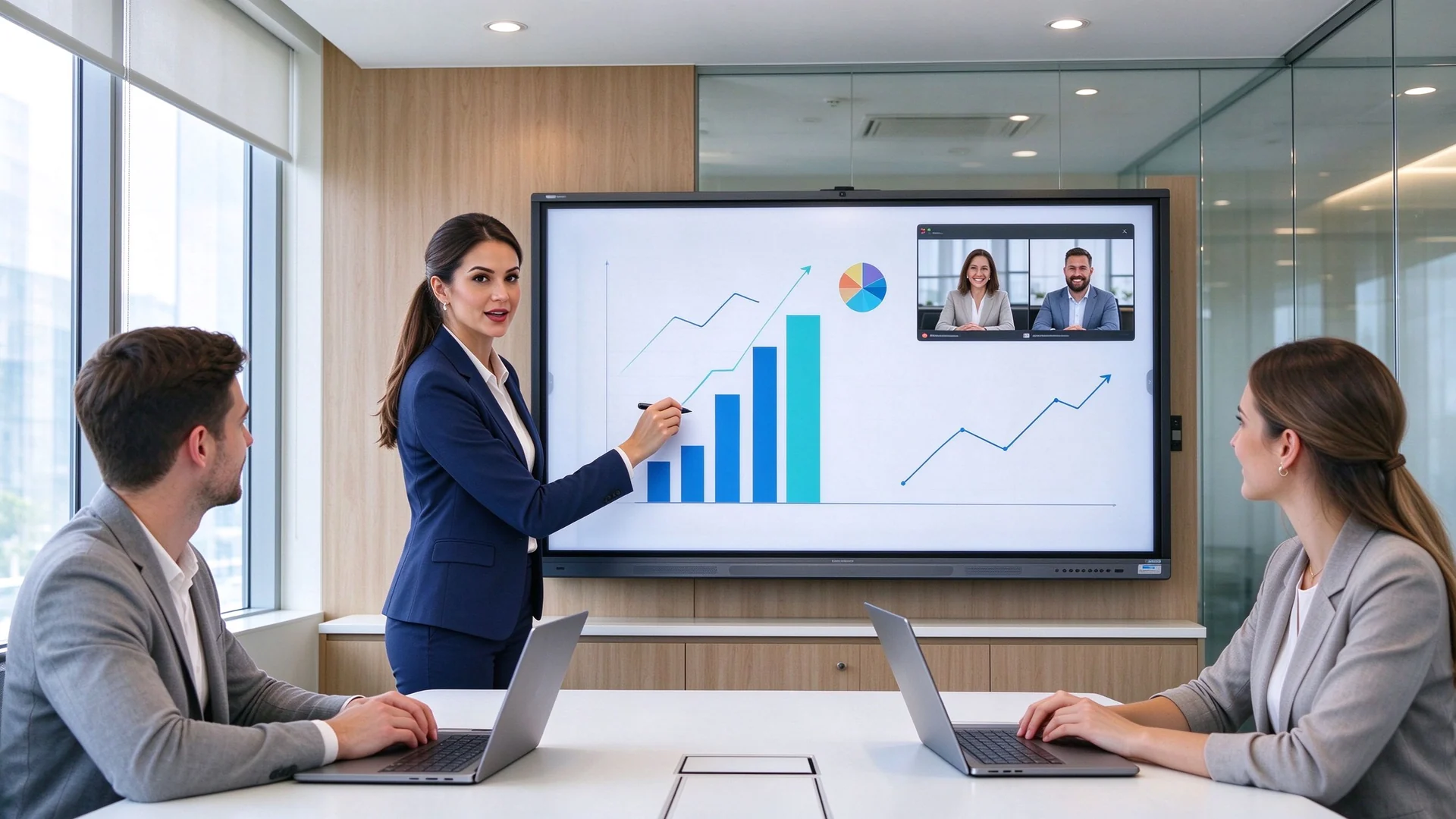 Business team using a 4K interactive whiteboard in a modern conference room for a client presentation, with wireless casting, touch annotation, and remote participants on screen.