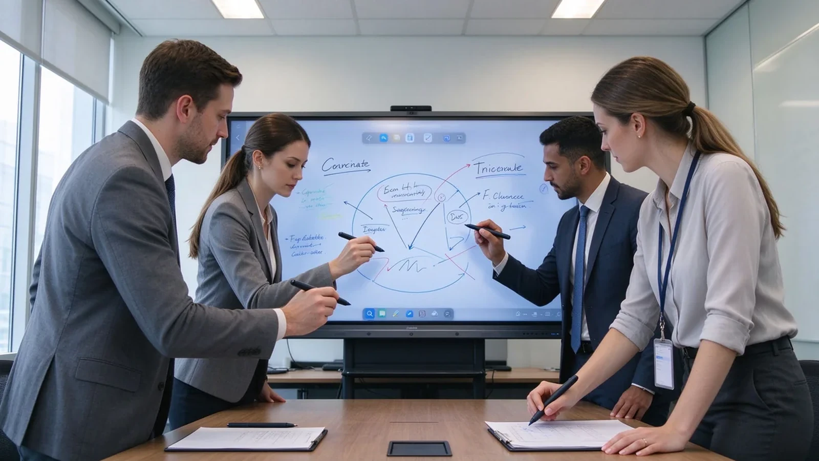 Business team using multi user touch smart board