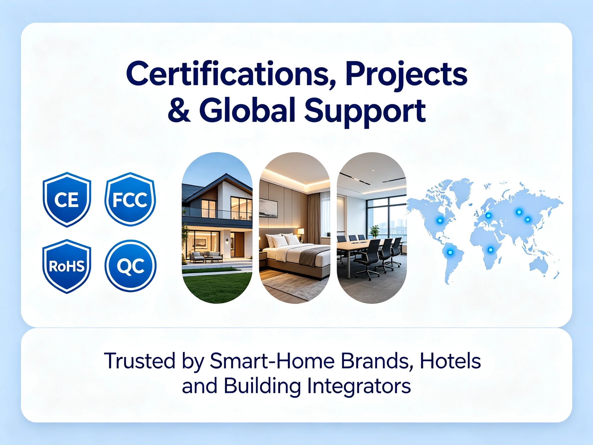 Certifications, project references and global support for PoE wall-mounted smart home control panel manufacturing.