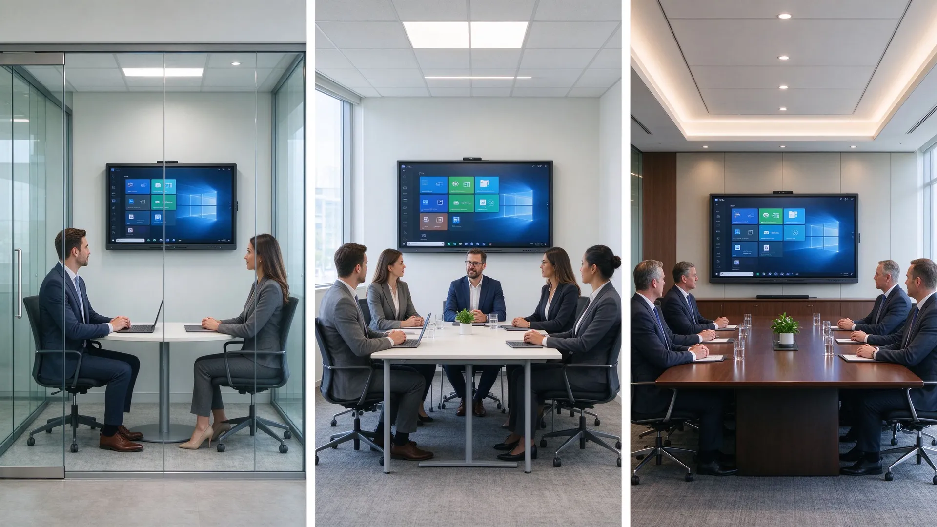 Conference room touch screen configurations from huddle room 55 inch to meeting room 75 inch and boardroom 86 inch