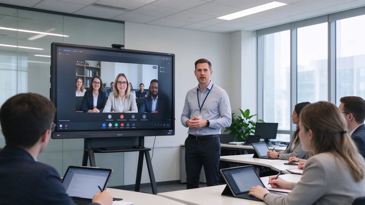 Corporate trainer using 4K smart board in training room