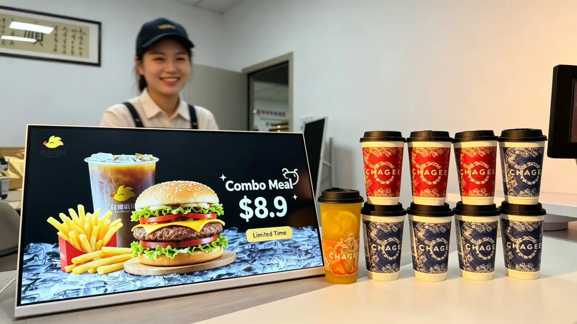 Countertop digital display at a quick-service restaurant ordering counter showing combo meal promotion
