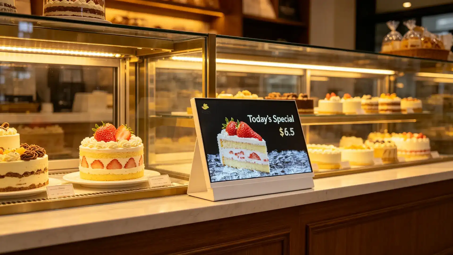 Countertop digital menu board beside a bakery display case showing daily specials and cake promotions