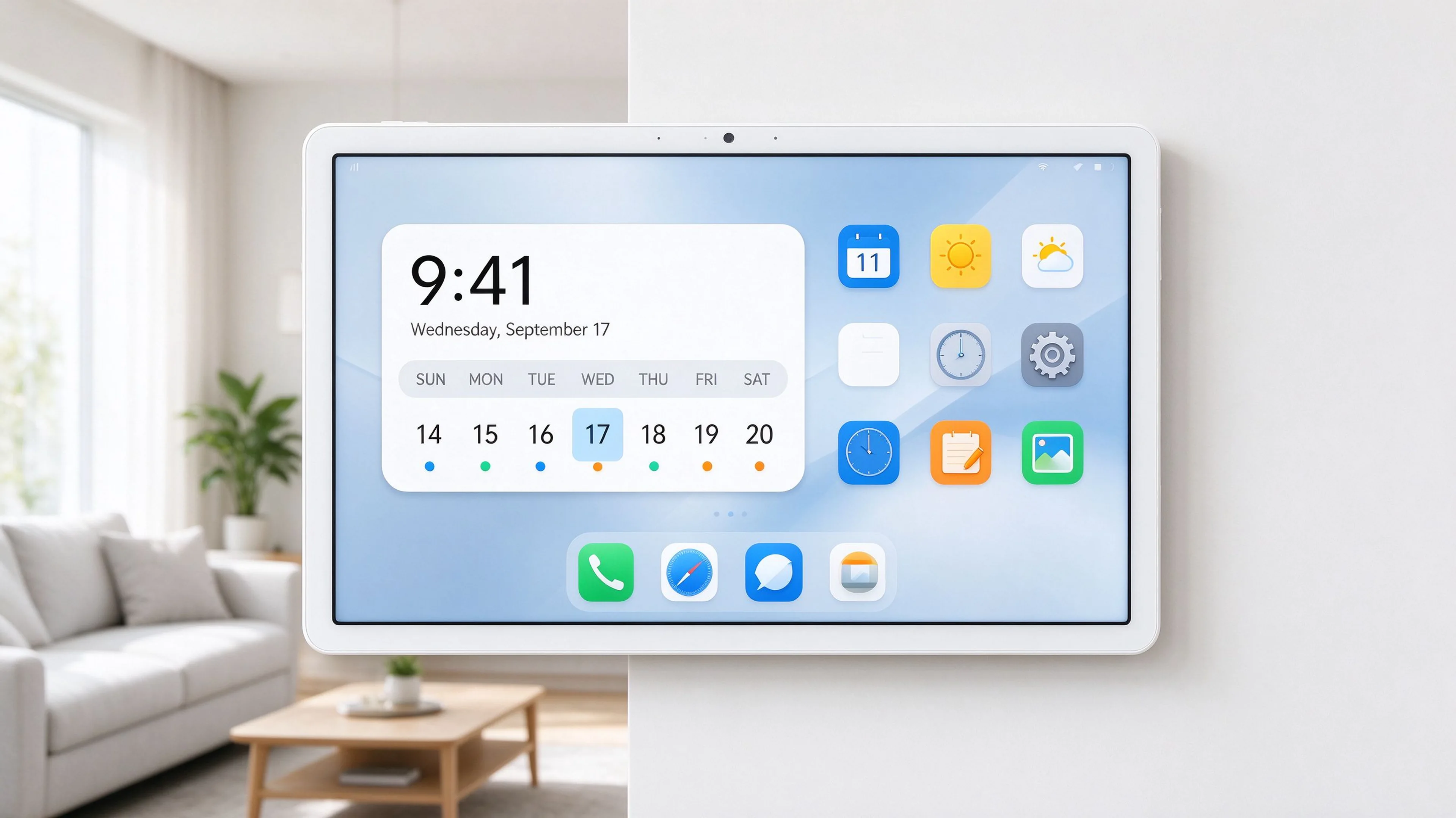 Custom Android launcher and pre-installed calendar app on a Qtenboard smart display.