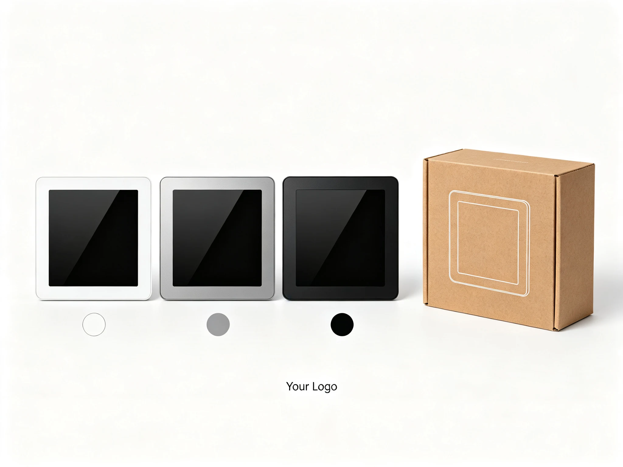 Custom housing colors, logo printing and packaging options for OEM PoE wall-mounted smart home control panels.