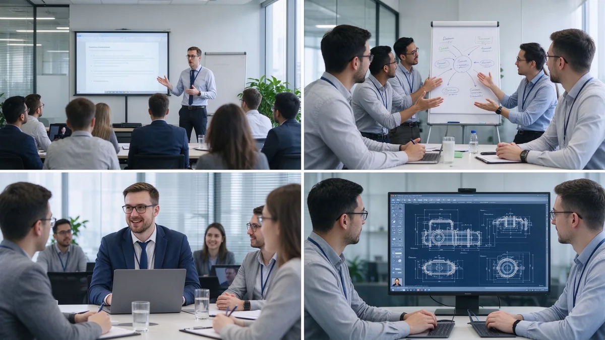Different corporate training scenarios with interactive displays