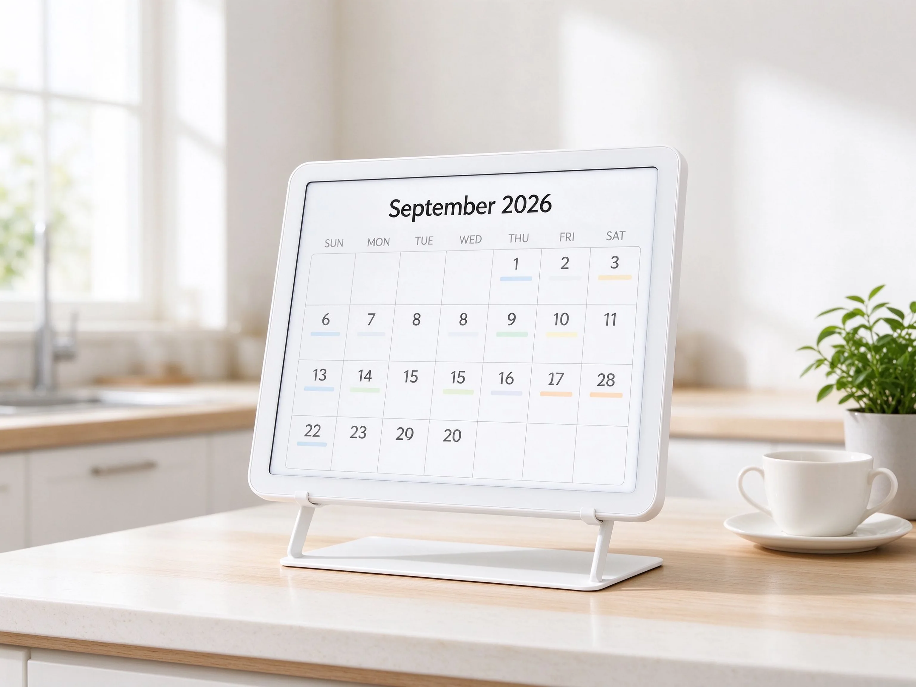 Digital family calendar display with desktop stand for countertop use, suitable for private-label smart calendar brands.