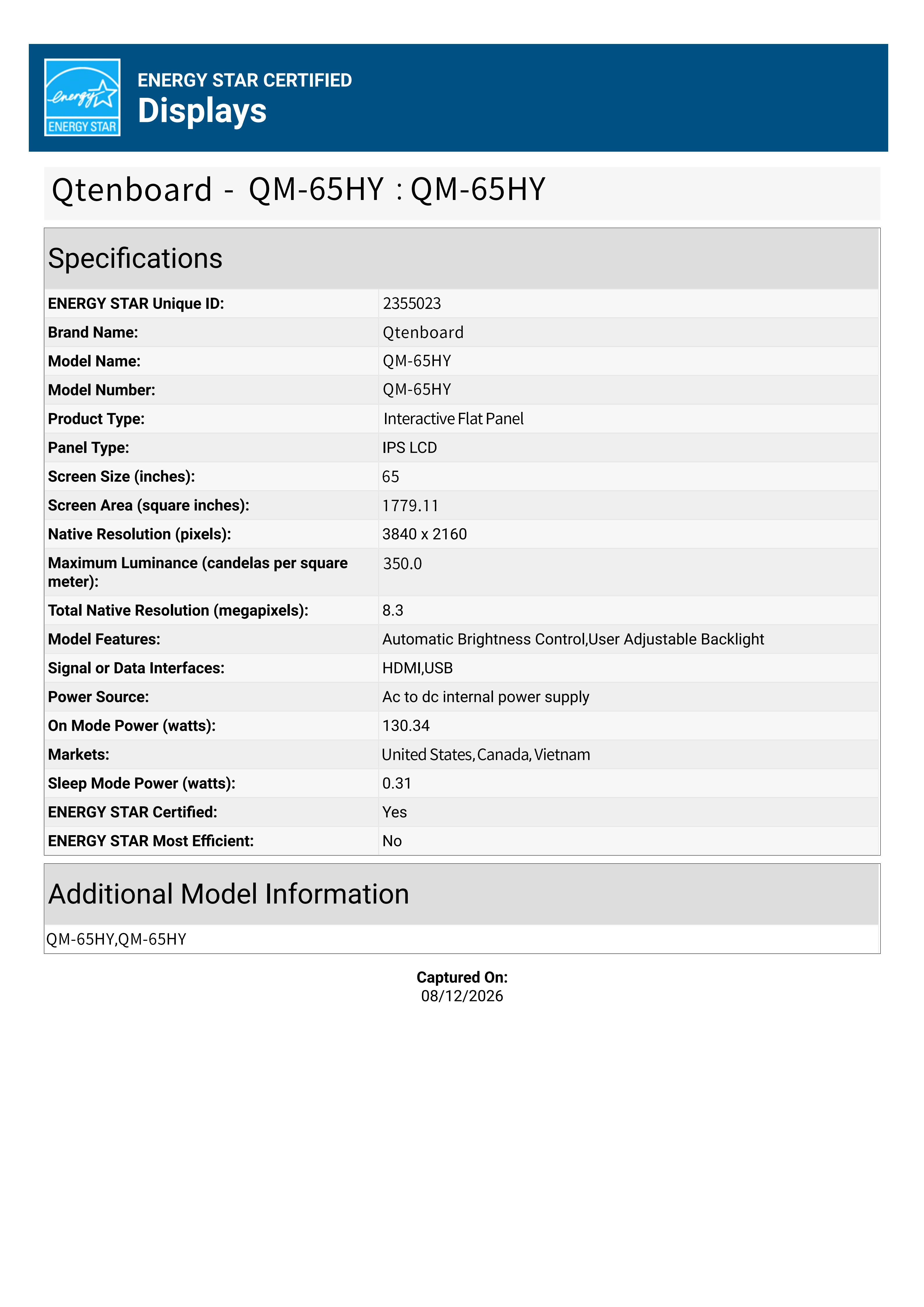 Qtenboard ENERGY‑STAR Certificate