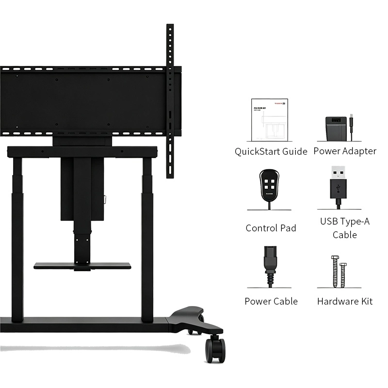 Qtenboard motorized interactive display mobile stand with full accessories, control pad, power adapter, USB cable, hardware kit and user guide