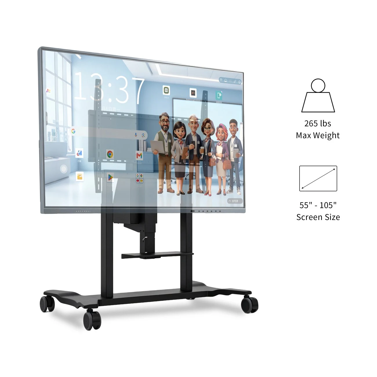 Qtenboard heavy duty steel mobile cart max load 165lbs for 55-86 inch interactive screen