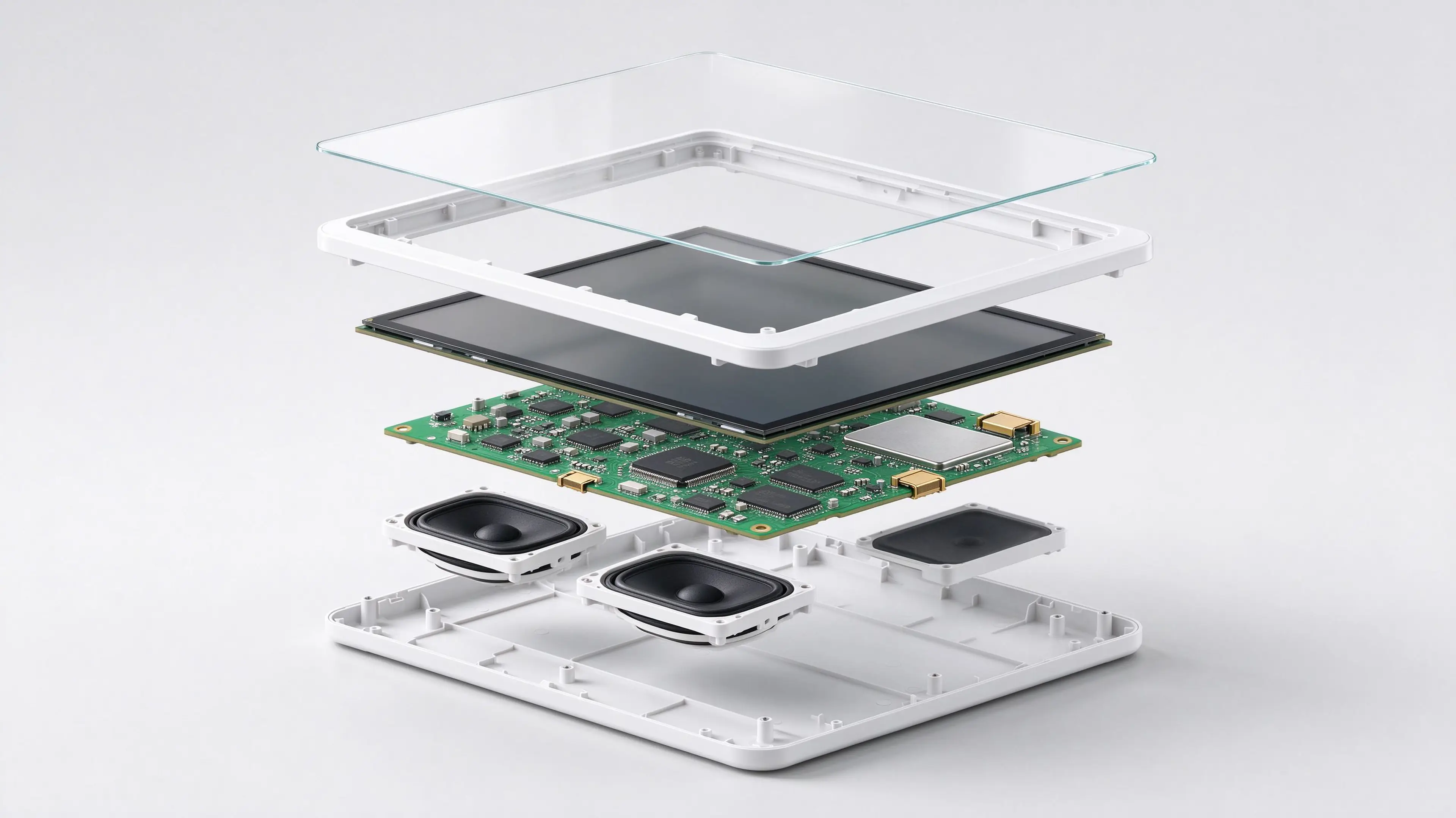 Exploded hardware view of a Qtenboard digital calendar display showing display panel, touch glass, Android board, speaker and enclosure.