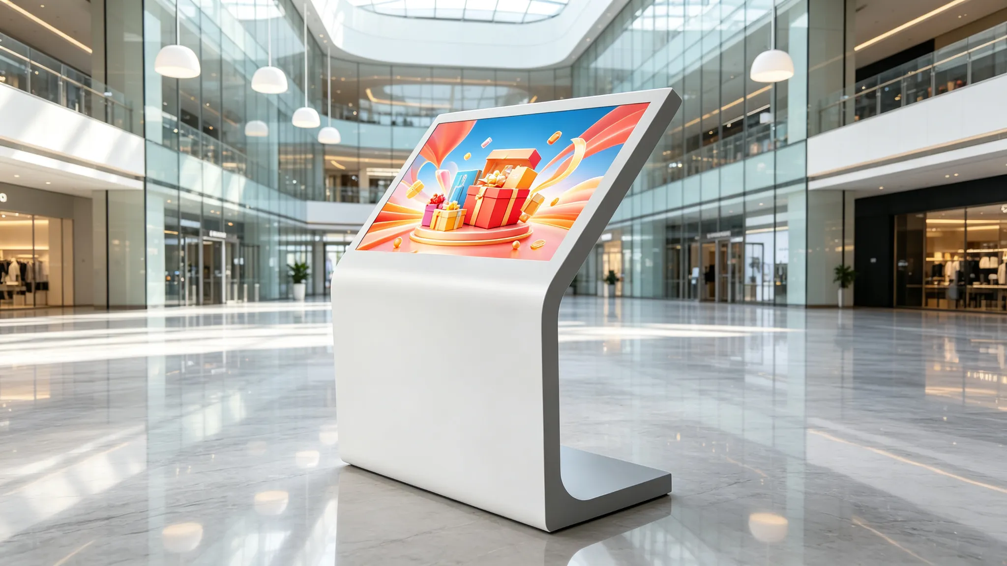 Floor-standing touchscreen kiosk for commercial use in a modern environment