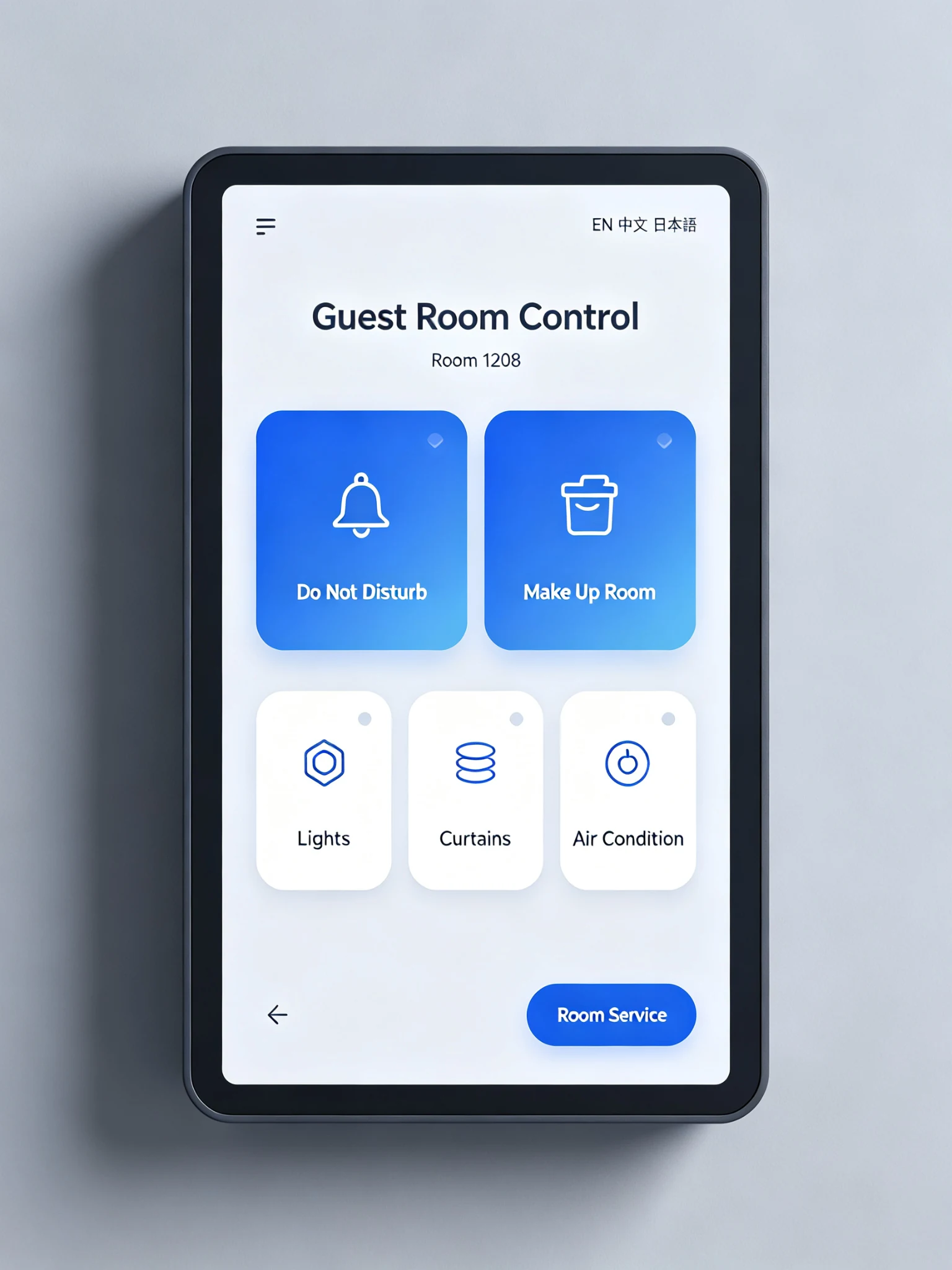 Hotel room control panel UI showing lighting, DND status, room service request and multi-language guest interface.