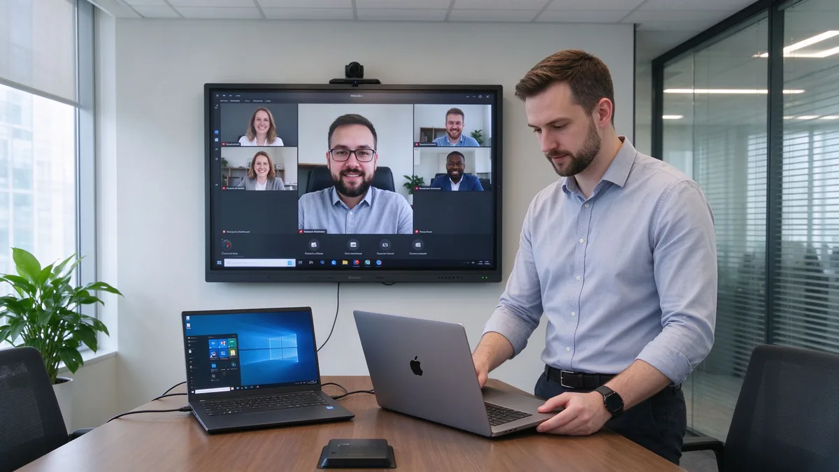 IT manager testing smart board compatibility with laptops