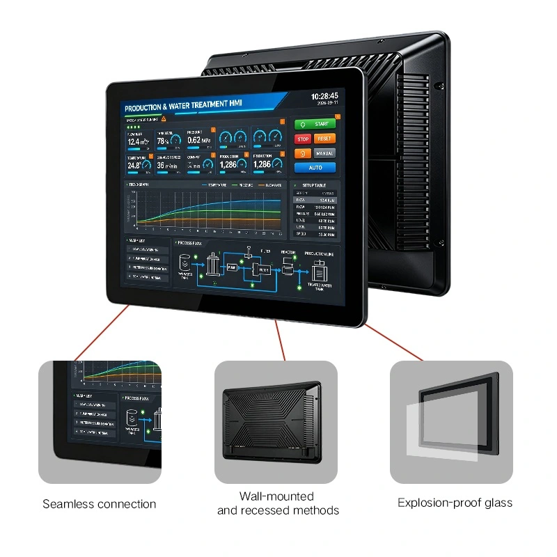 Qtenboard Android industrial panel PC with HMI interface, seamless connection, wall & recessed mounting, explosion-proof glass