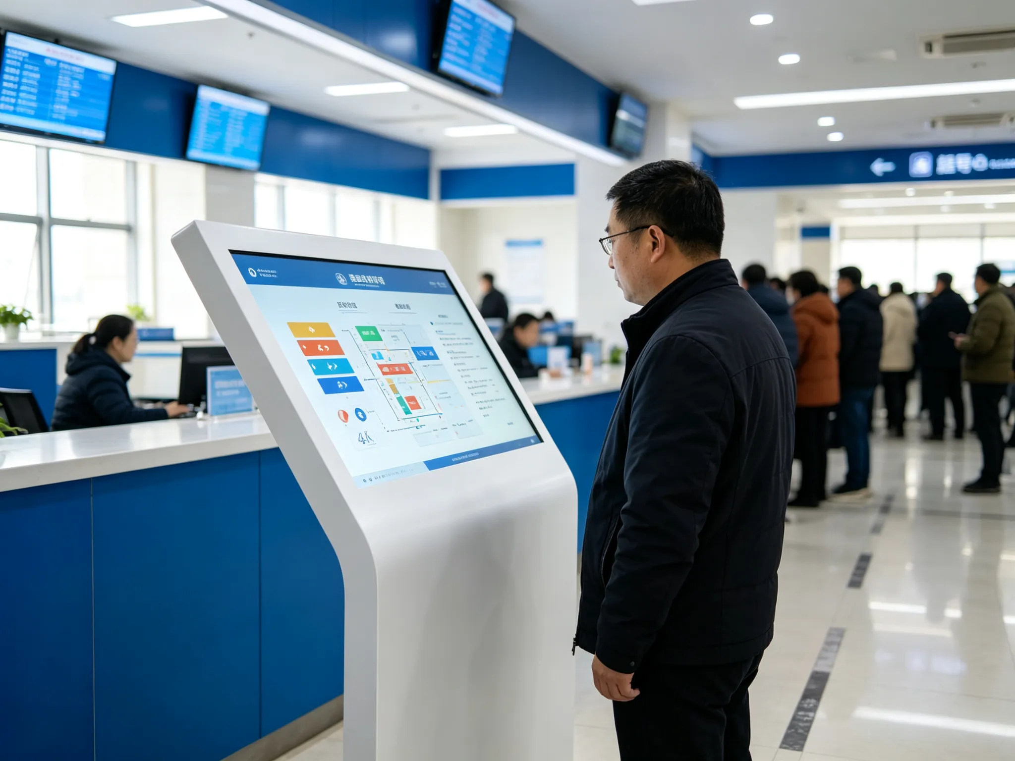 Information query kiosk in government service hall for wayfinding and queuing