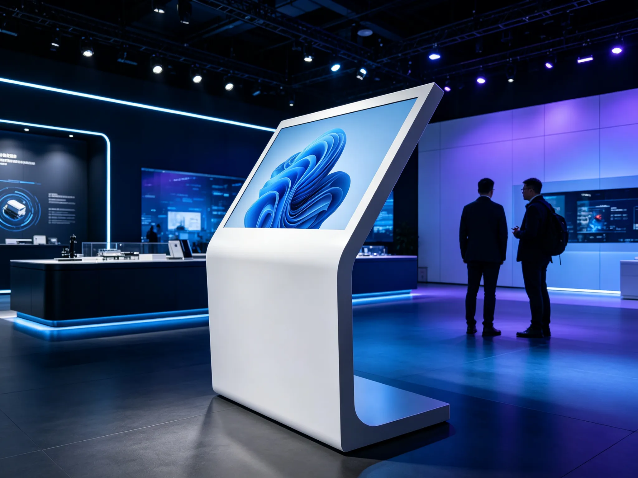 Interactive kiosk in corporate exhibition hall for product 3D showcase