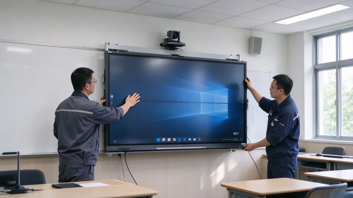Interactive whiteboard installation and acceptance testing at a school classroom with technicians checking display touch and video conferencing