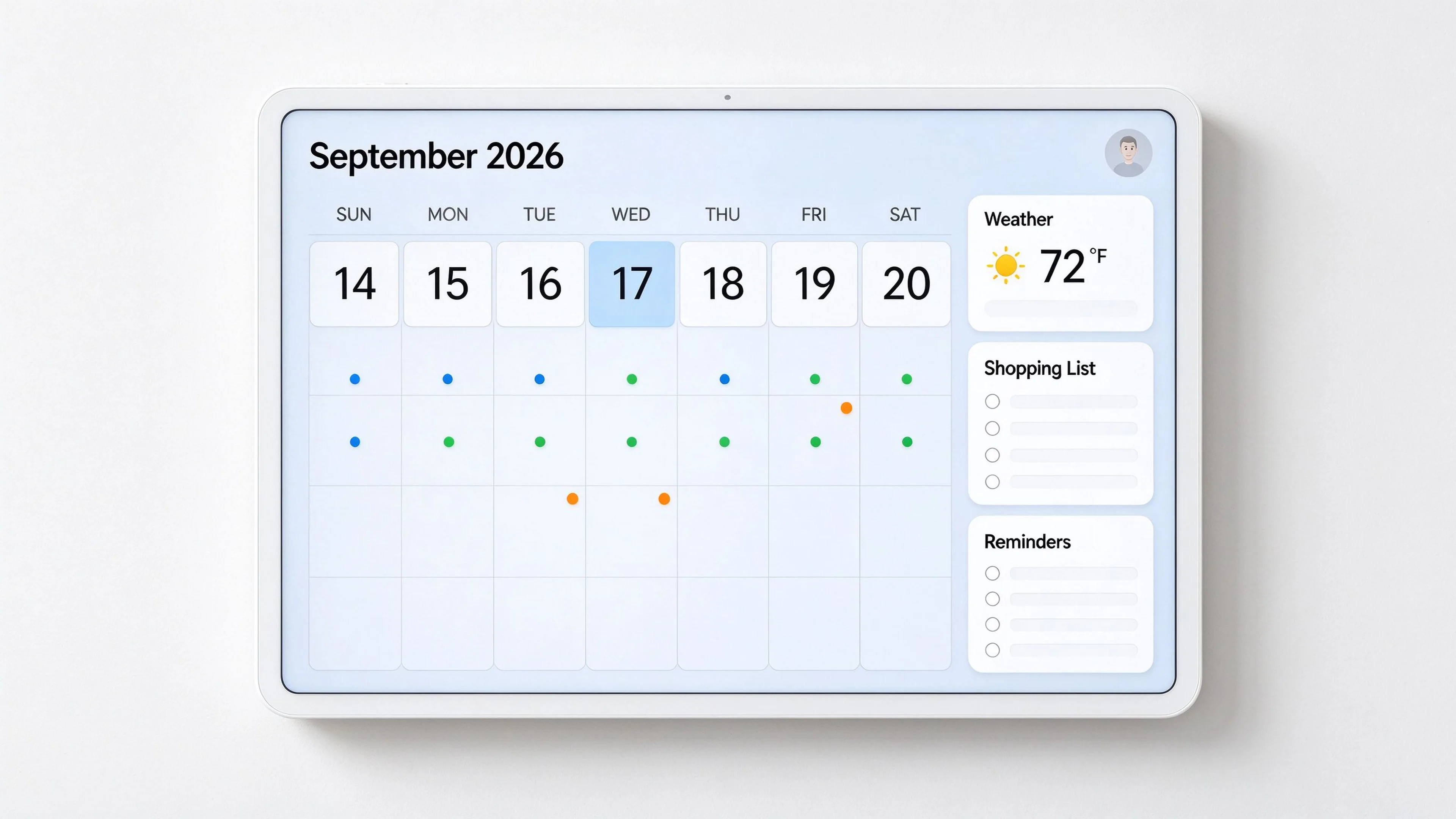 Landscape smart calendar display showing weekly schedule, weather, shopping list and family reminders.