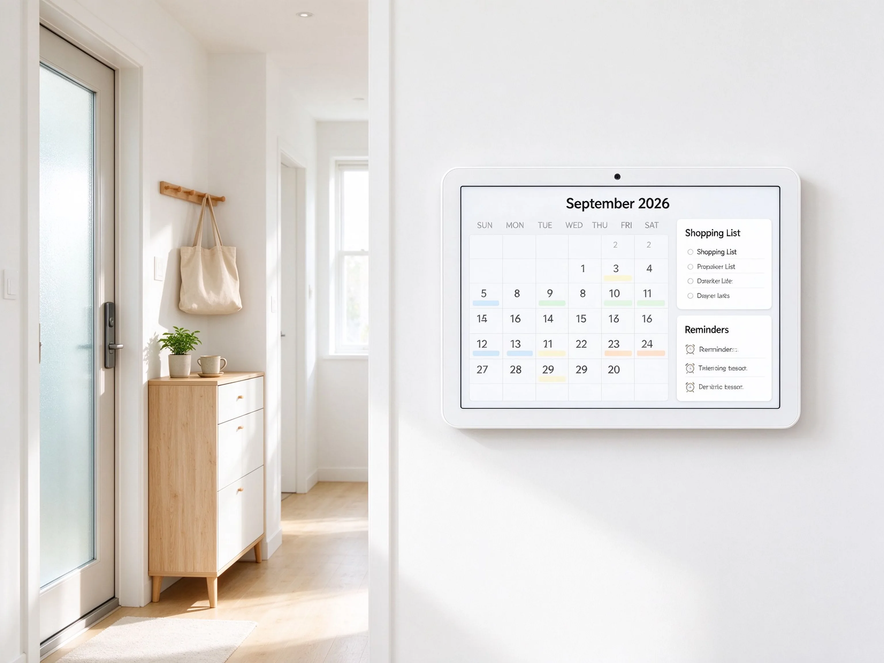Large smart family command center display in an entryway showing family schedules, shopping list and reminders.
