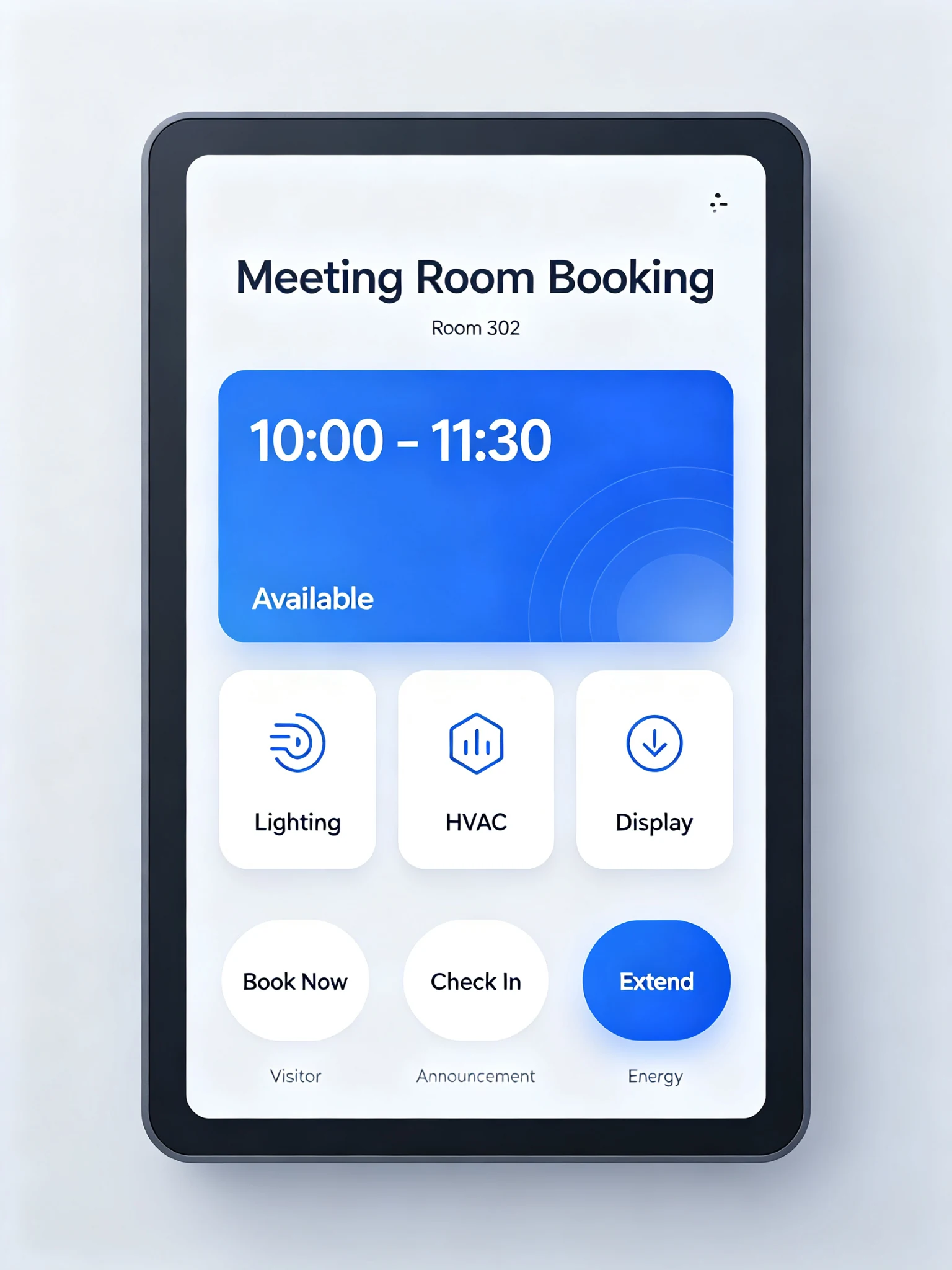 Meeting room booking and building management UI on a wall-mounted Android control panel showing room schedule, HVAC and access control.
