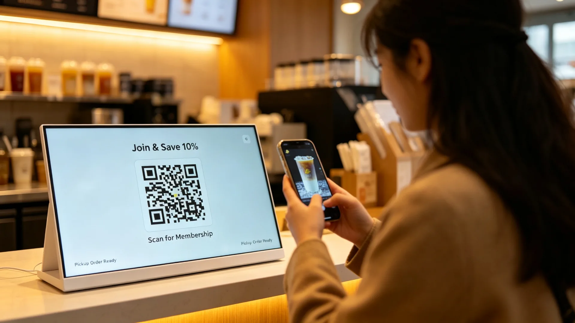 Membership QR code and mobile order pickup promotion displayed on countertop digital menu board