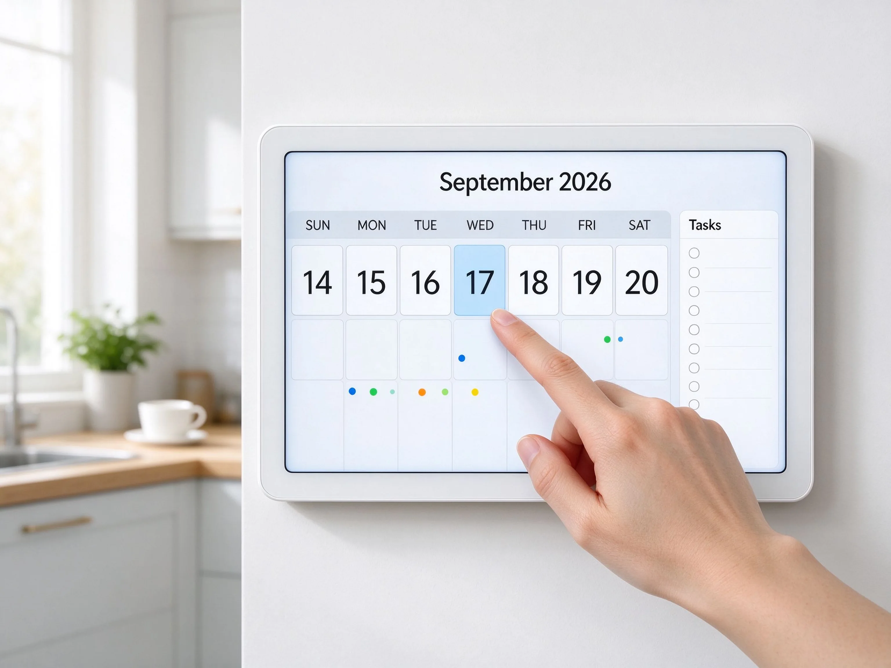 Multi-point touch interaction on a family calendar display for adding events, checking tasks and scrolling lists.