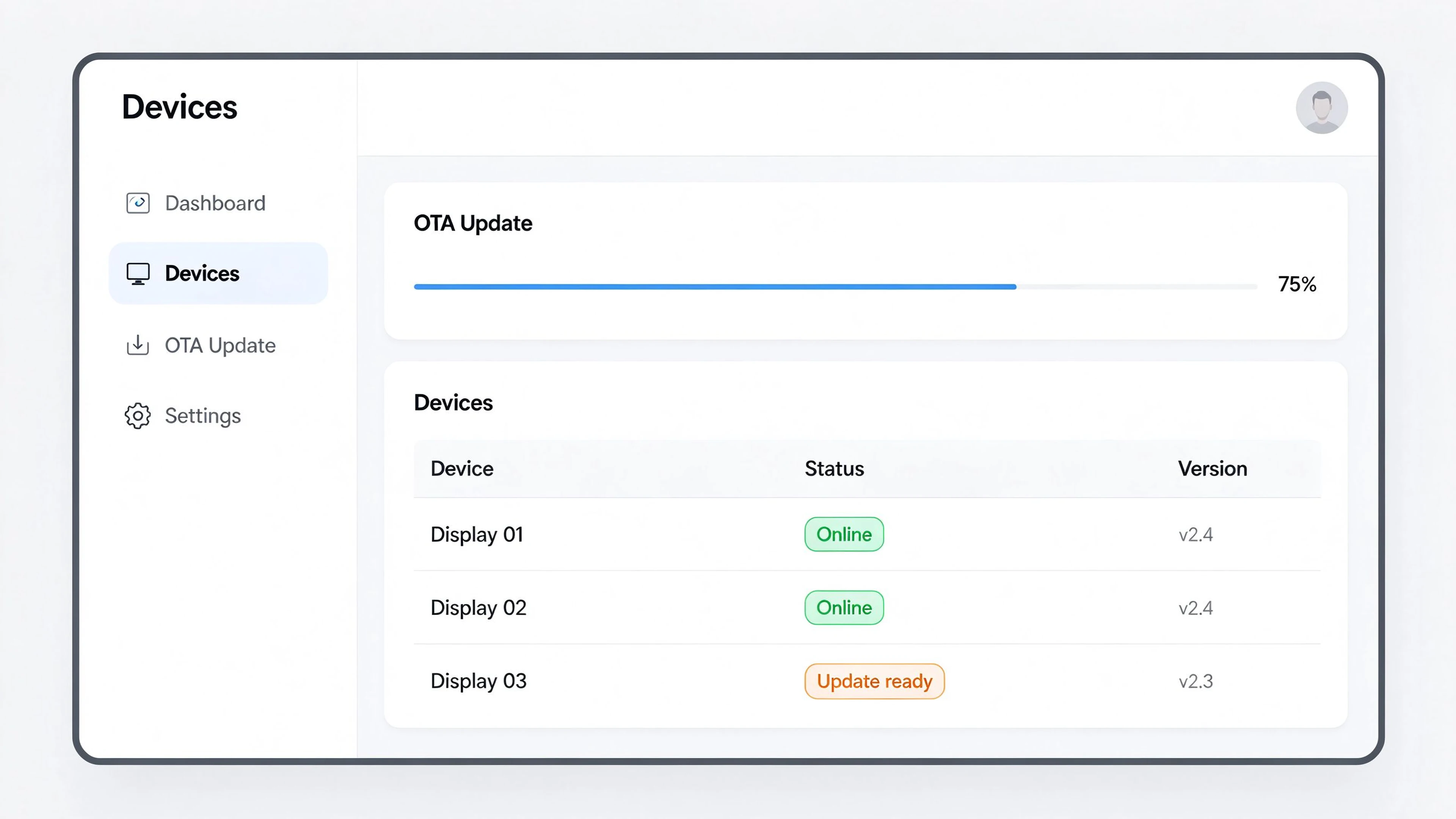 OTA firmware update and MDM device management dashboard for smart calendar displays.