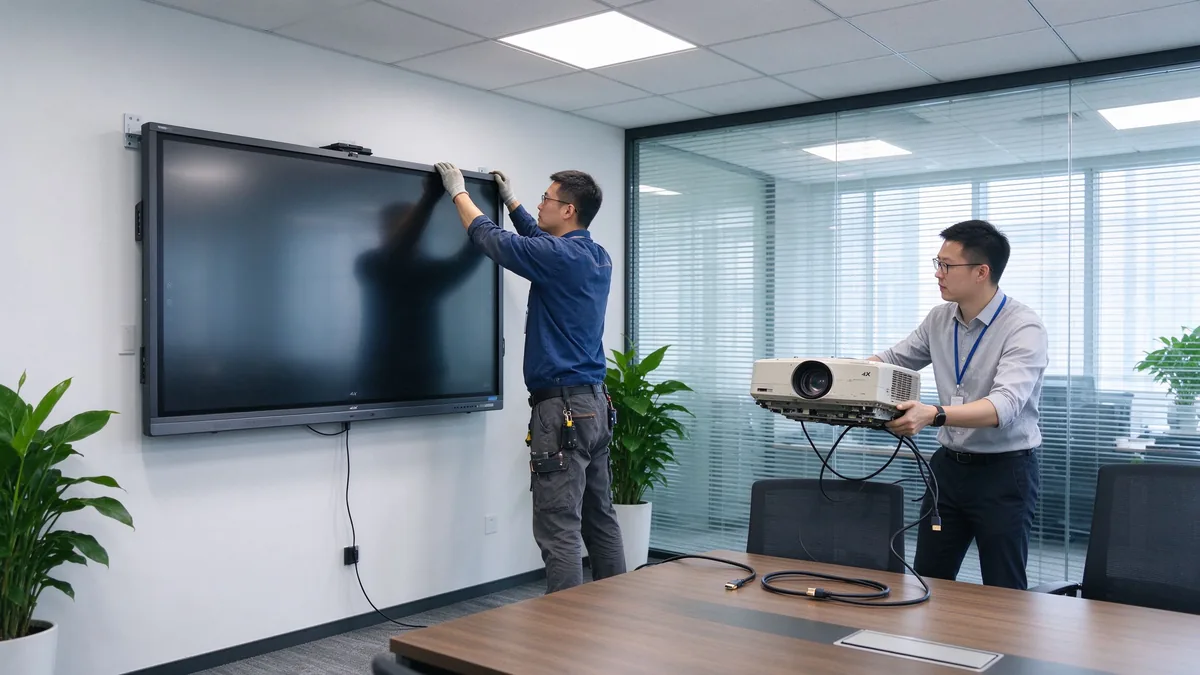 Office team upgrading conference room with 4K smart board