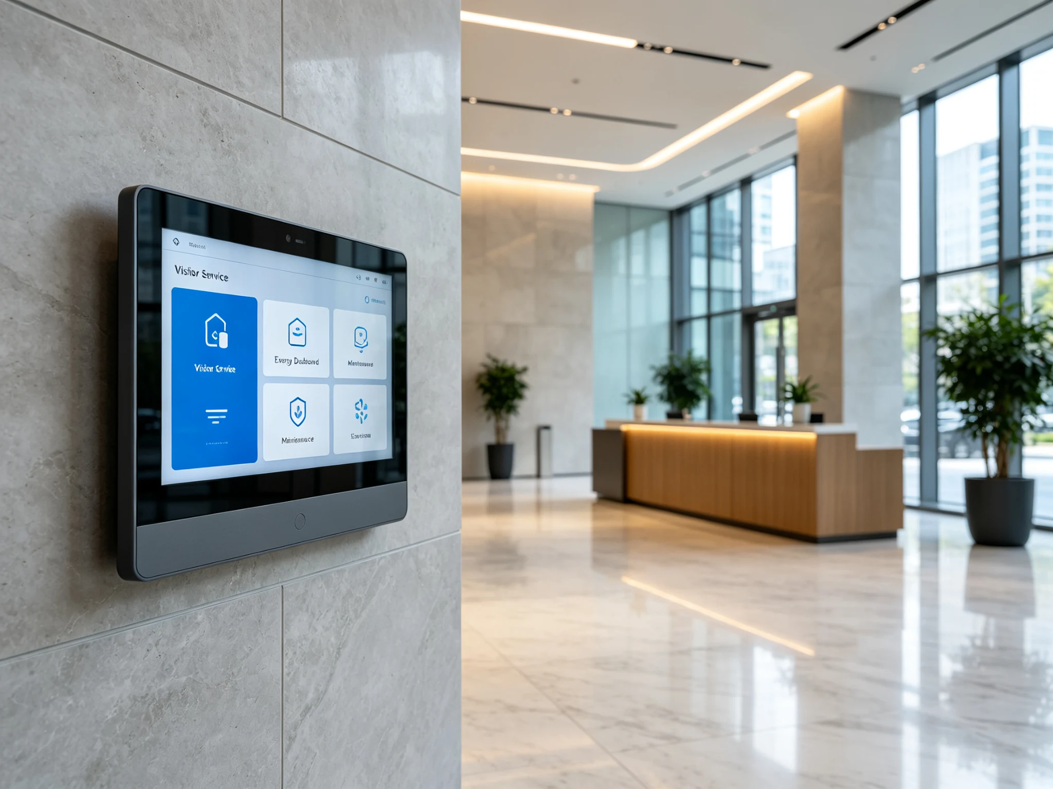 PoE wall-mounted control panel in a commercial building lobby showing visitor service, energy dashboard and maintenance request.