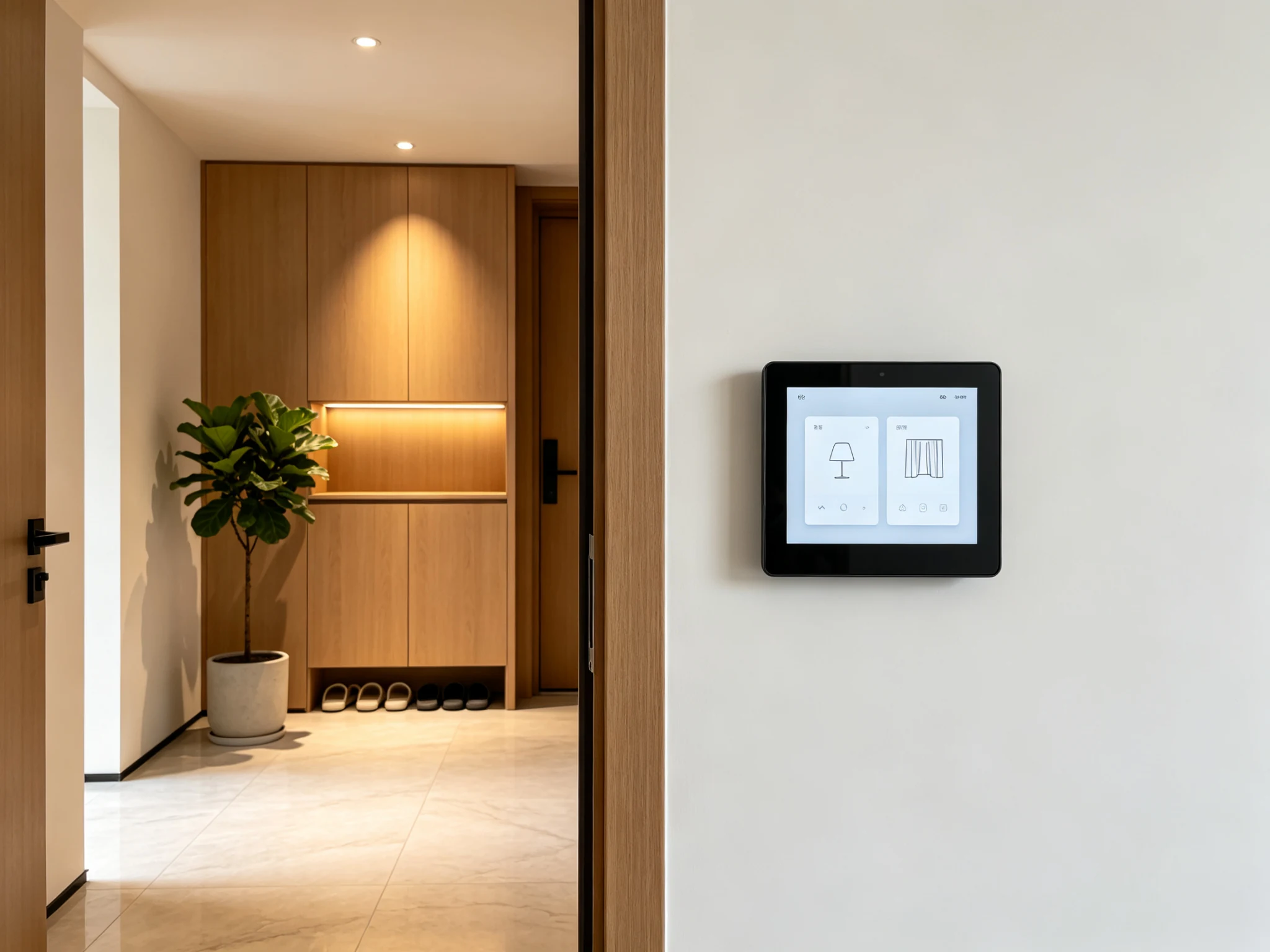 PoE wall-mounted smart home control panel in a modern apartment entrance showing lighting, curtain and access control.