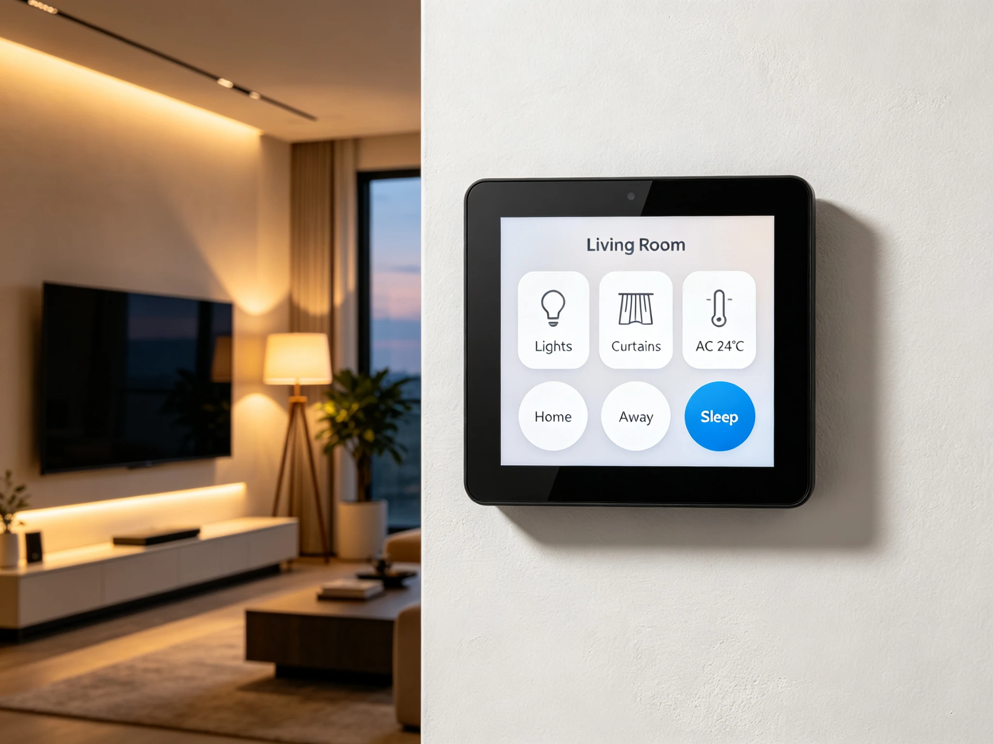 PoE wall-mounted smart home control panel installed in a modern living room showing lighting, curtain and HVAC control interface.