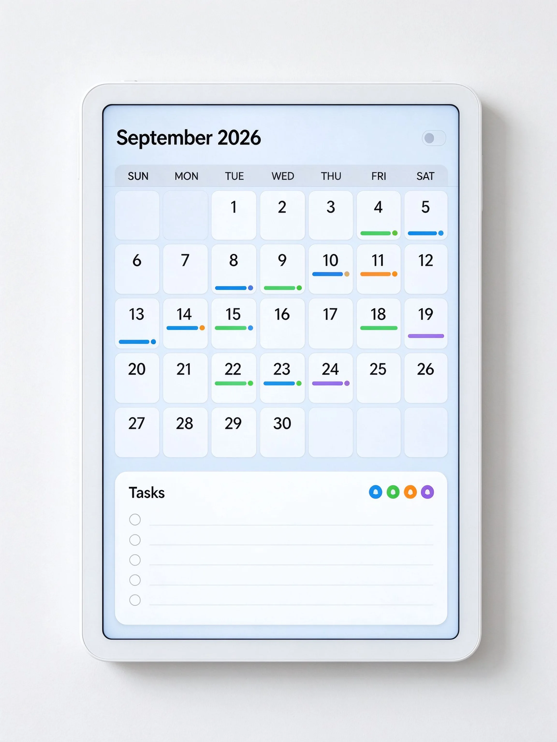 Portrait orientation digital family calendar UI with monthly view, member colors and shared household tasks.