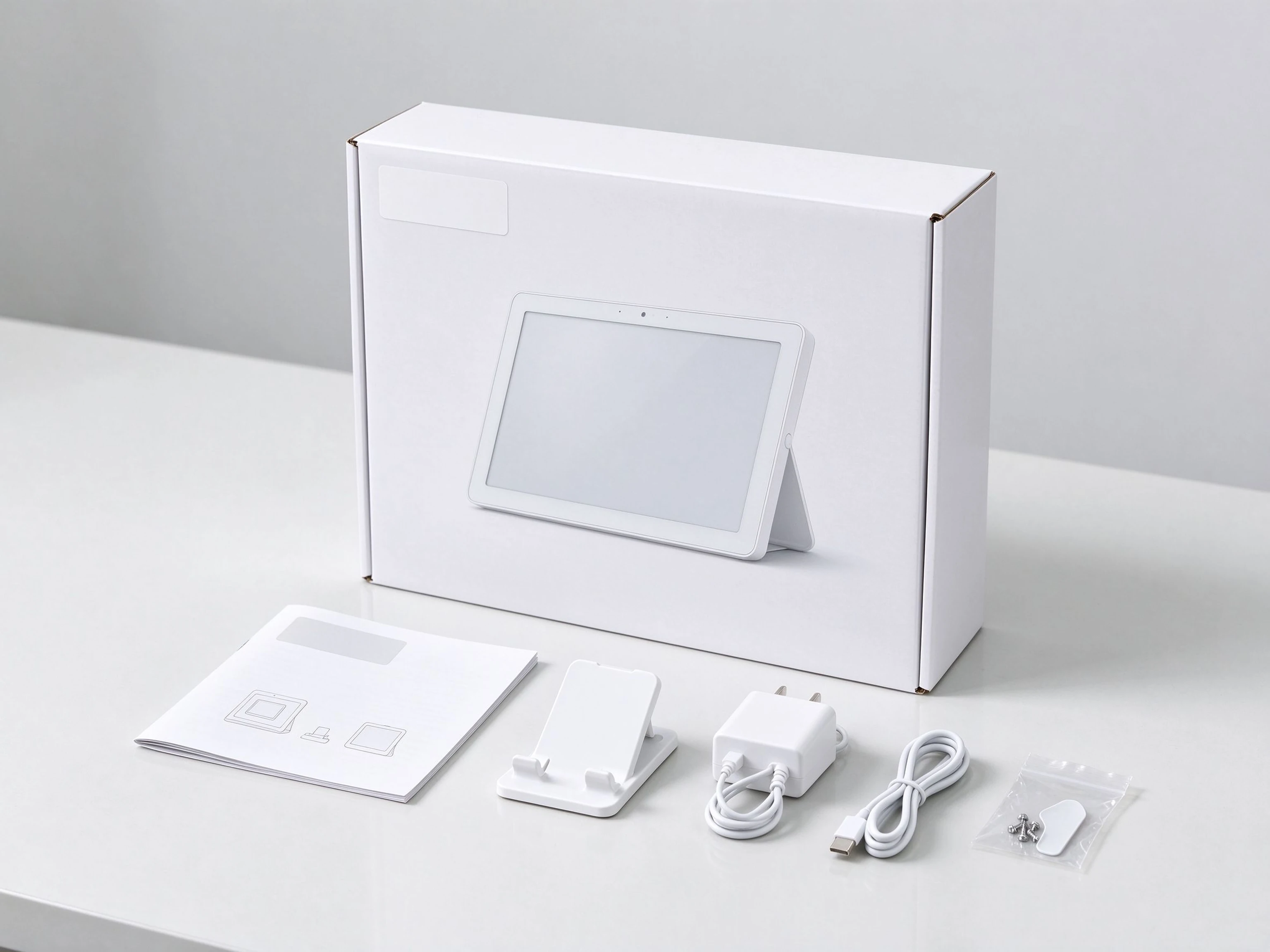 Private-label retail packaging, logo, quick-start guide and accessories for a digital family calendar OEM project.