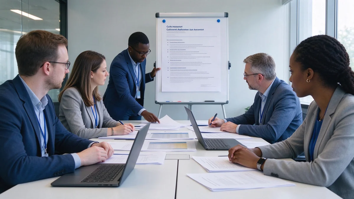 Procurement team reviewing interactive whiteboard tender specification documents compliance matrix and supplier evaluation criteria for a government education project