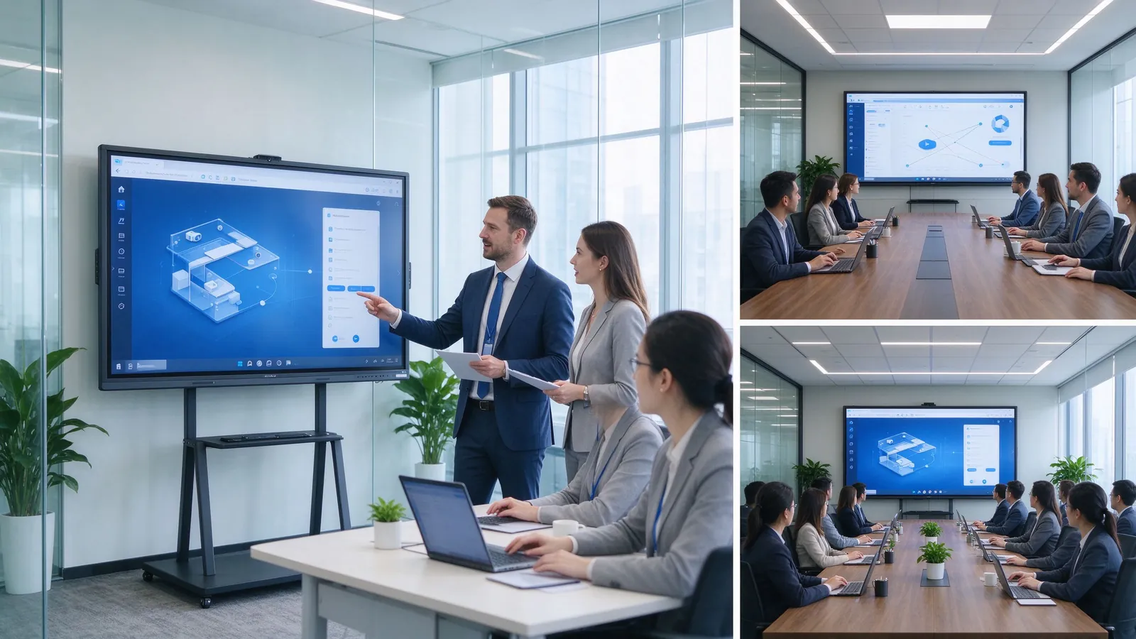 Qtenboard 4K interactive displays in different business settings, including meeting rooms, boardrooms, training rooms, and multi-room deployment with DMS management.