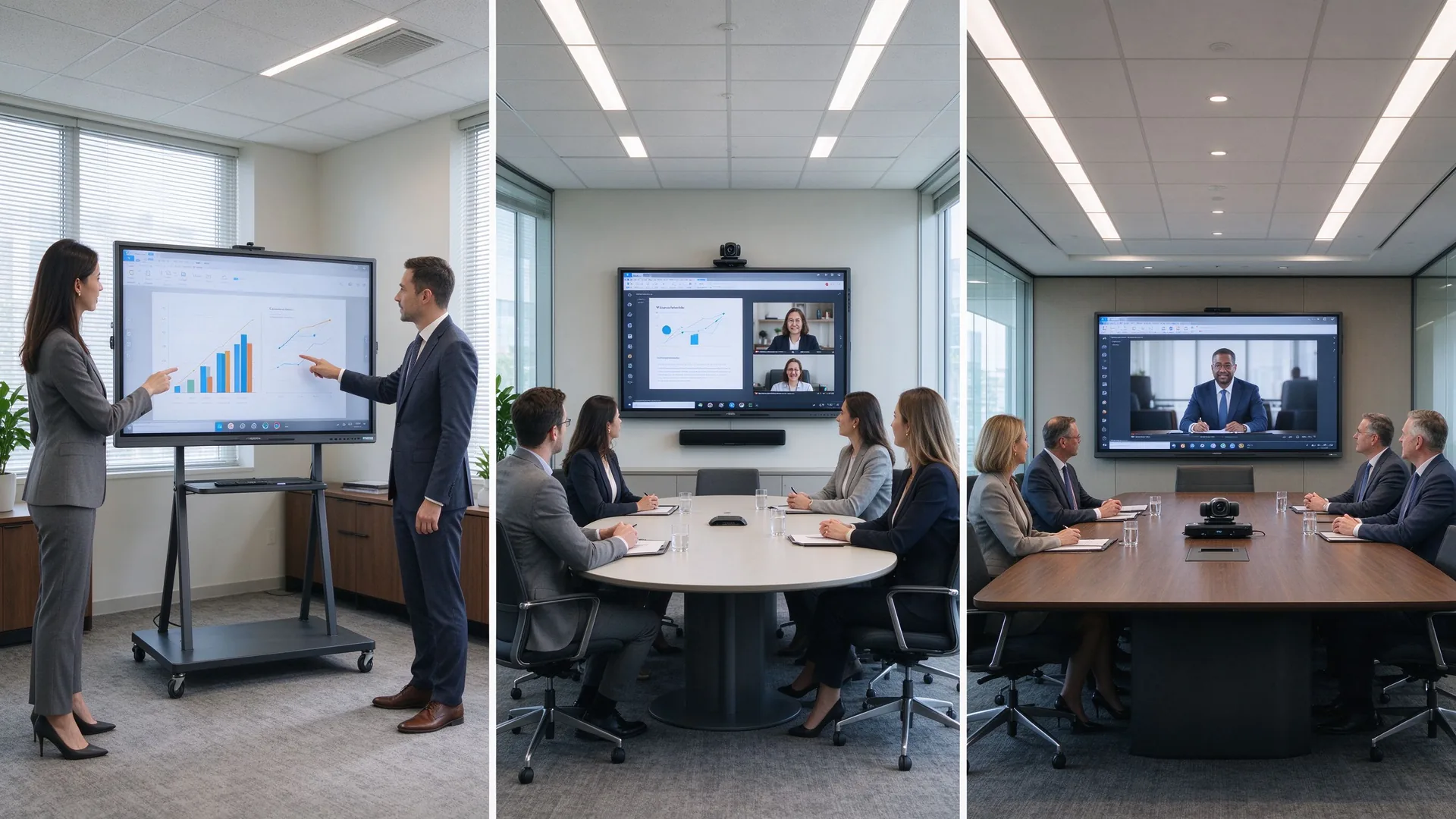 Qtenboard 4K interactive whiteboards in different business presentation settings, including a small client meeting room, a standard conference room, and a large boardroom with hybrid meeting setup.