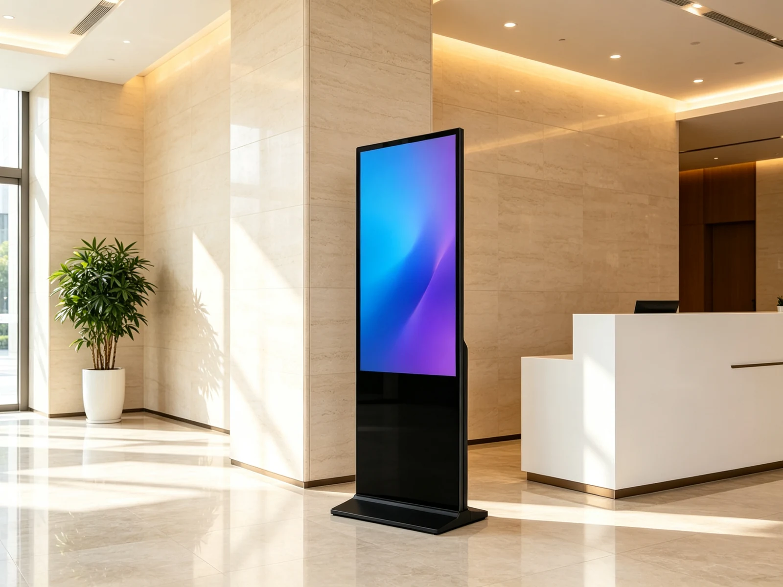 Qtenboard 55 inch freestanding digital signage in modern commercial lobby