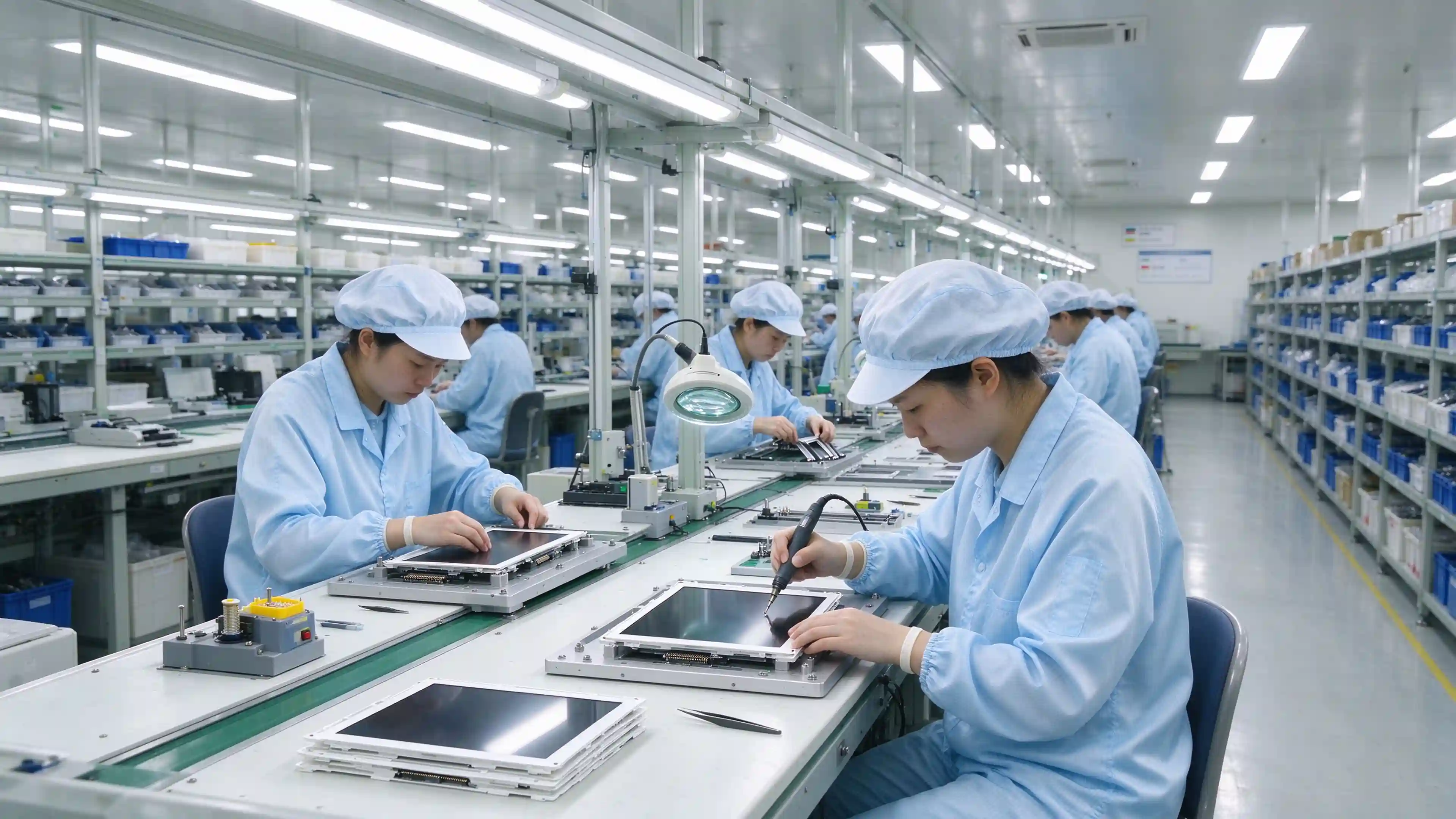 Qtenboard factory assembly line for digital calendar display manufacturing and OEM production.