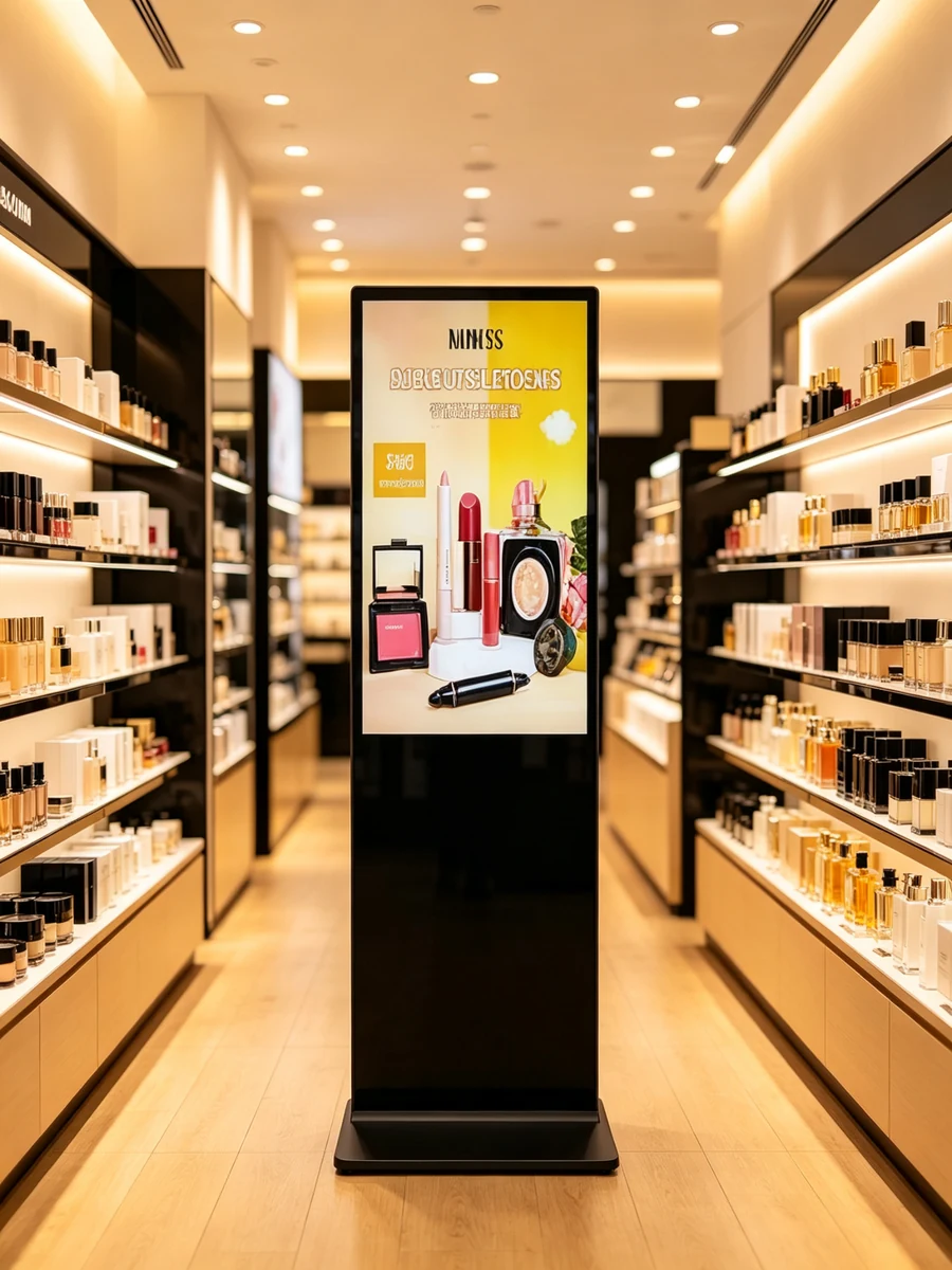 Qtenboard floor standing digital signage for retail promotion in store aisle