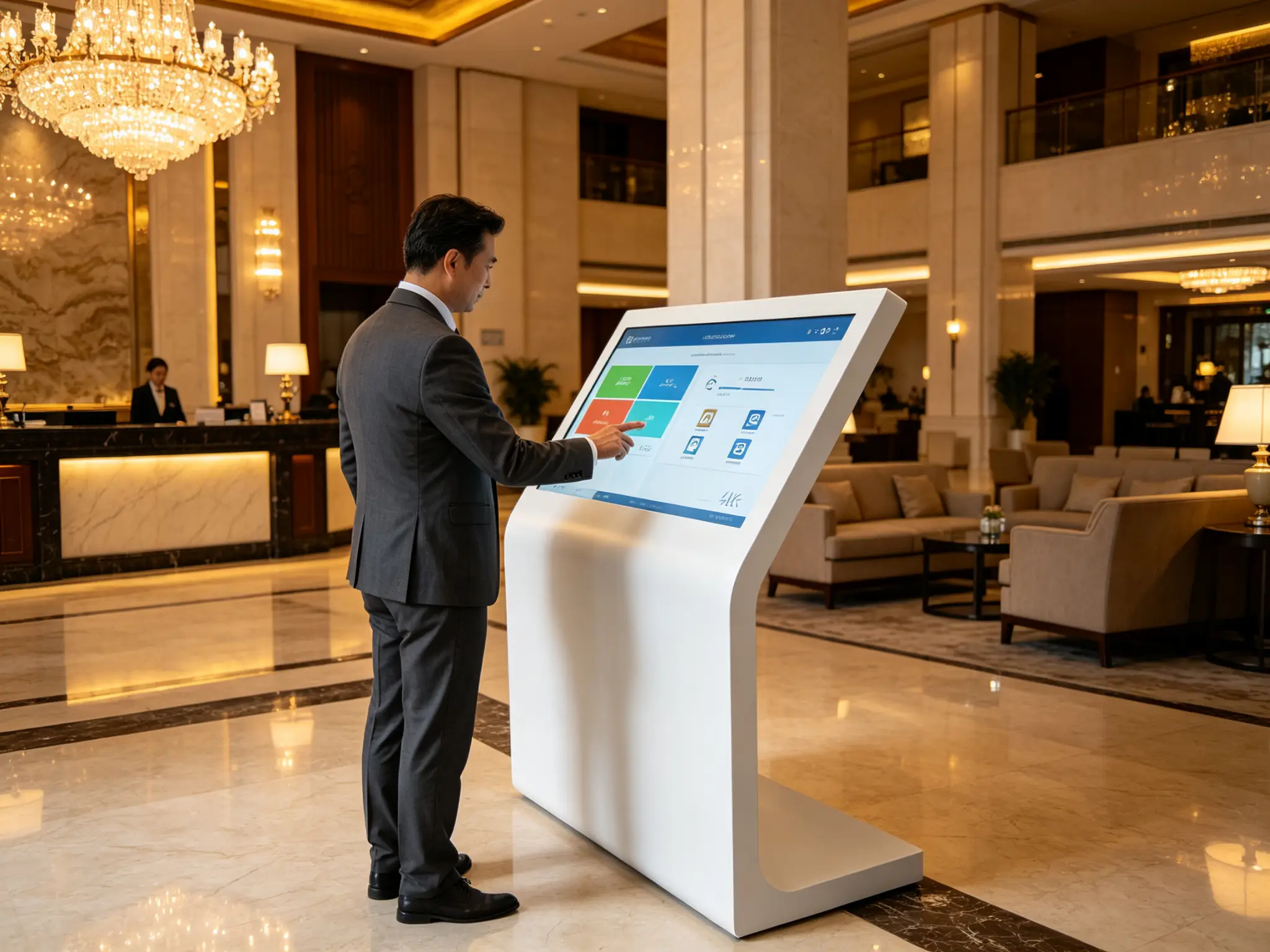 Self-service kiosk in hotel lobby for check-in and check-out process