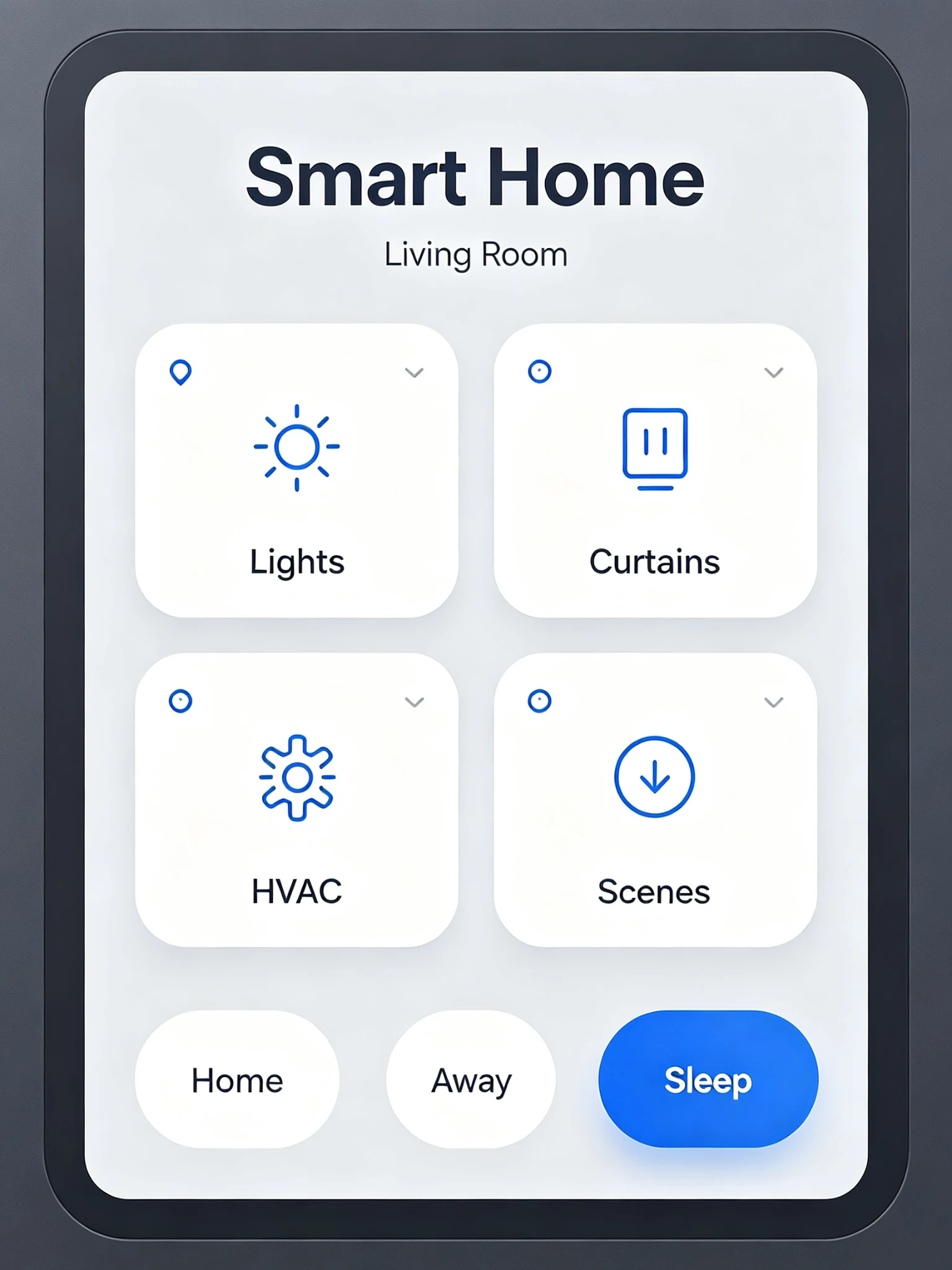 Smart home control UI on a PoE wall-mounted panel showing lighting, curtain, HVAC and scene mode control.