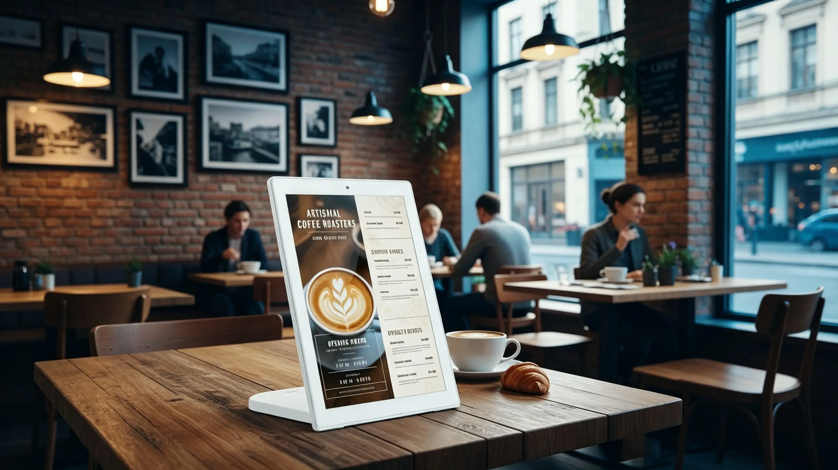 Technical dimension drawing of landscape countertop digital menu board showing screen size, stand width, height and viewing angle