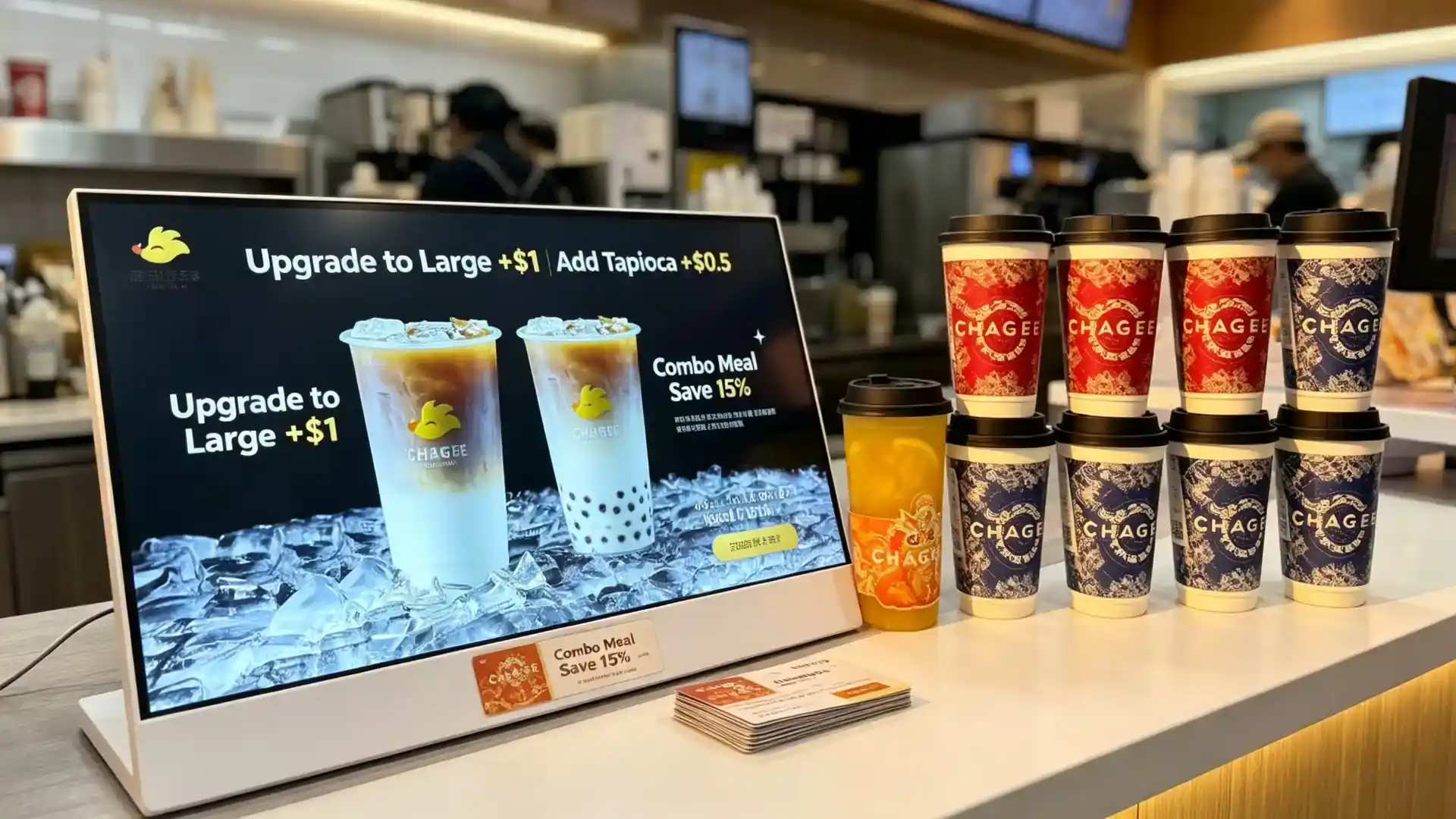 Upselling and cross-selling content template for countertop digital menu board showing add-on and size upgrade options