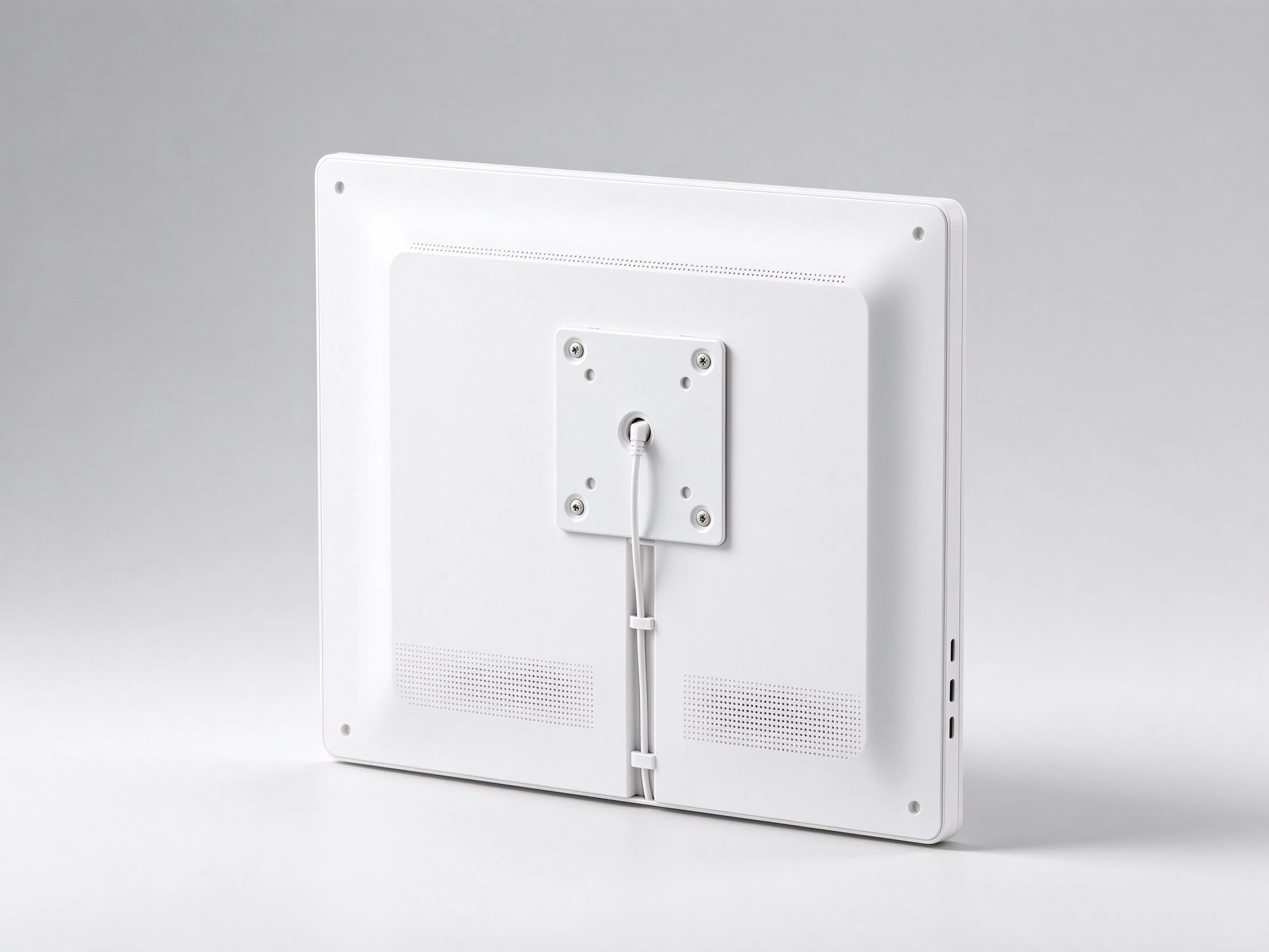 VESA wall mount and cable routing design on a Qtenboard smart calendar display hardware platform.