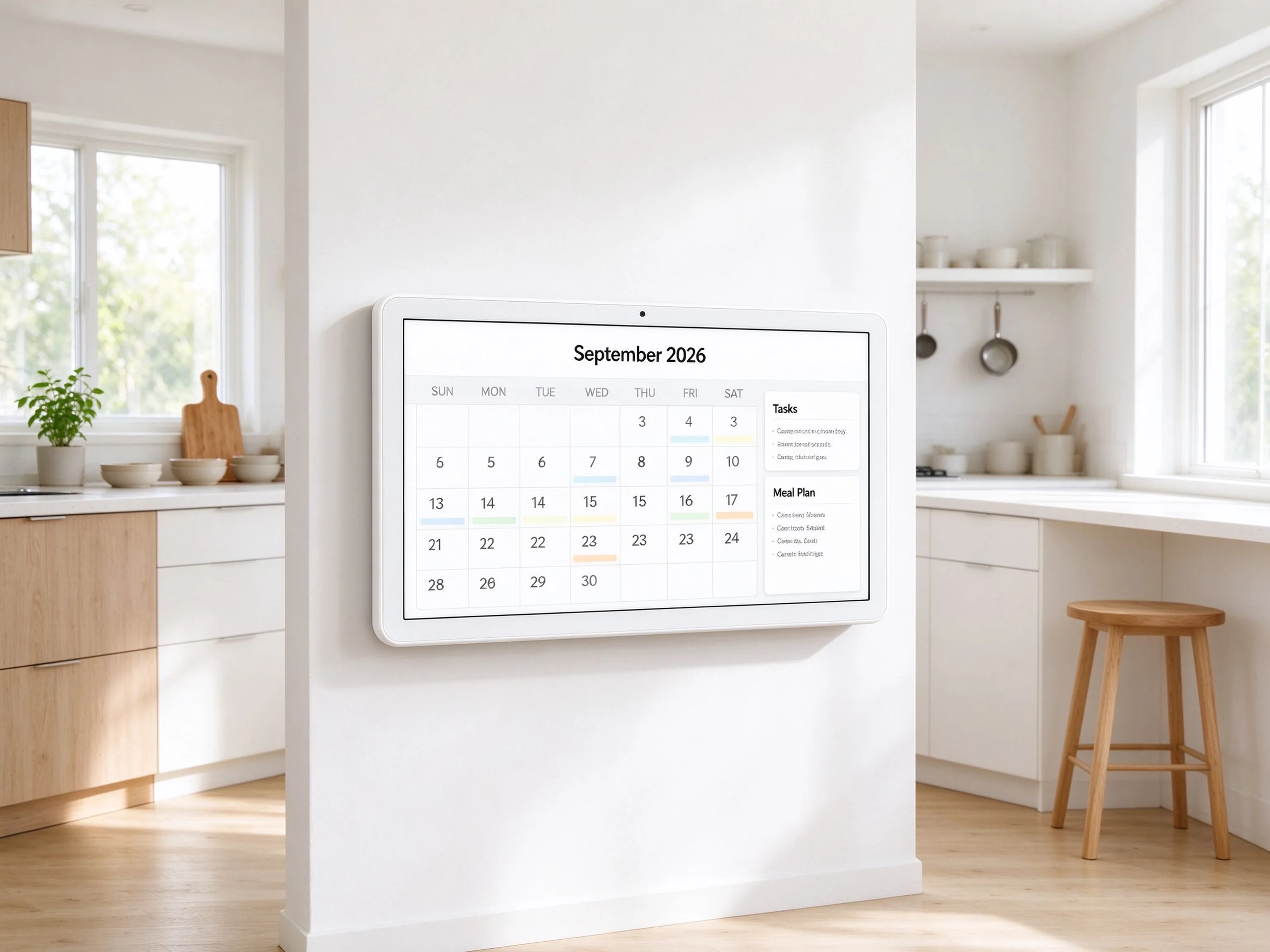 Wall-mounted 15.6 inch digital family calendar in a kitchen showing shared monthly calendar, tasks and meal plan.