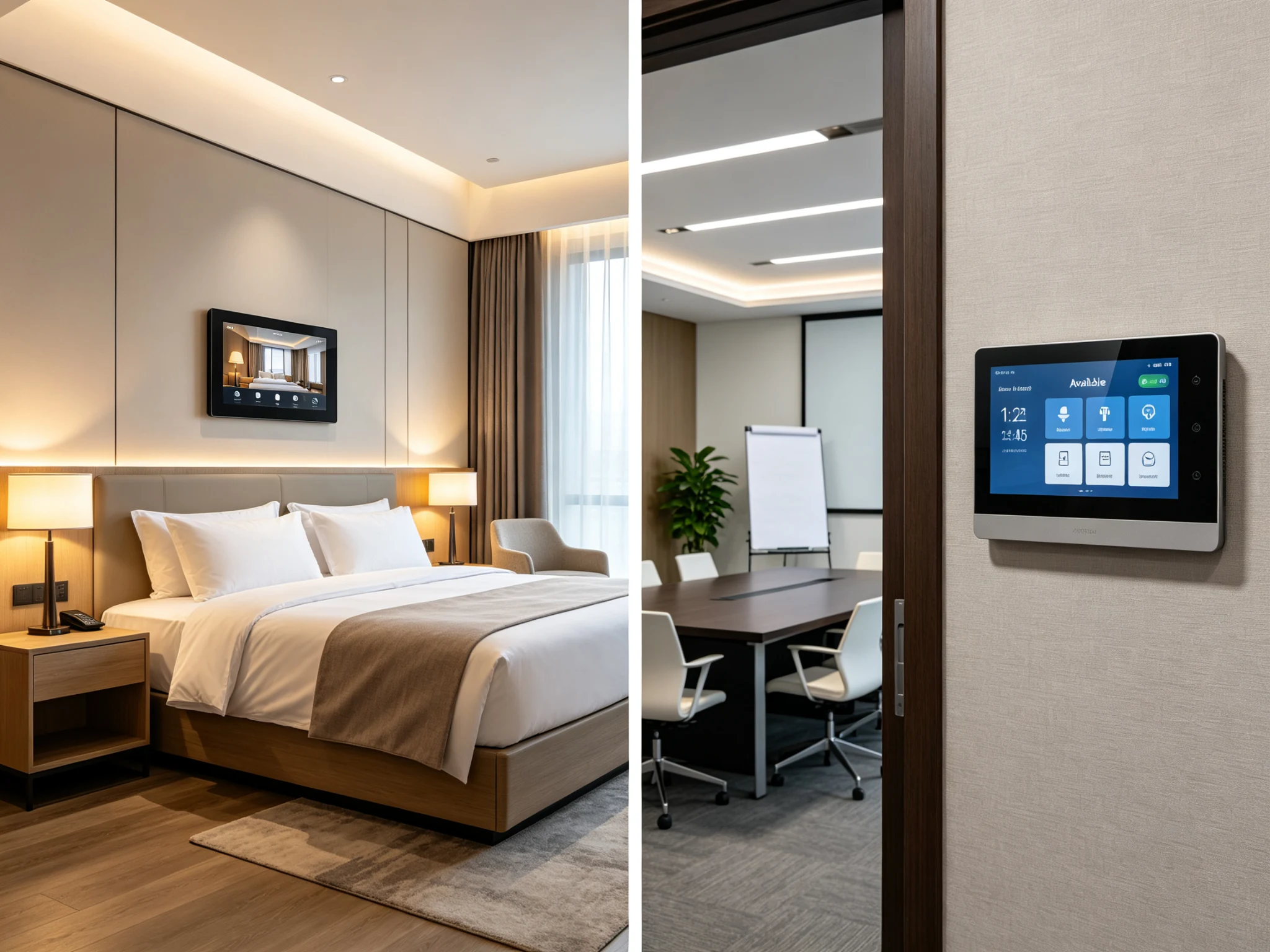 Wall-mounted smart control panel in a hotel room and meeting room showing guest service and room booking interface.