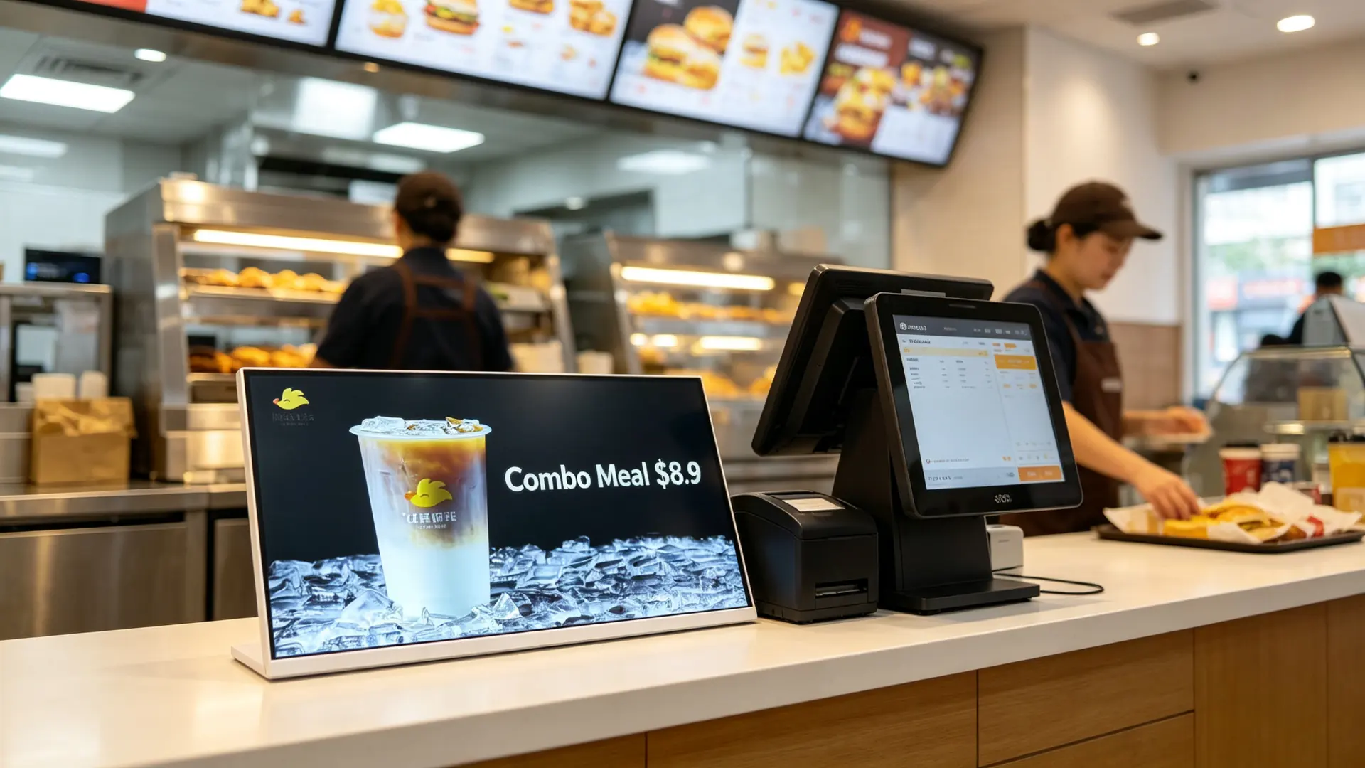 Windows-based countertop digital menu board integrated with POS system and restaurant management software