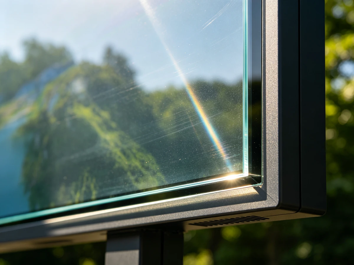 Anti-glare and anti-reflective tempered glass option for outdoor landscape digital signage.
