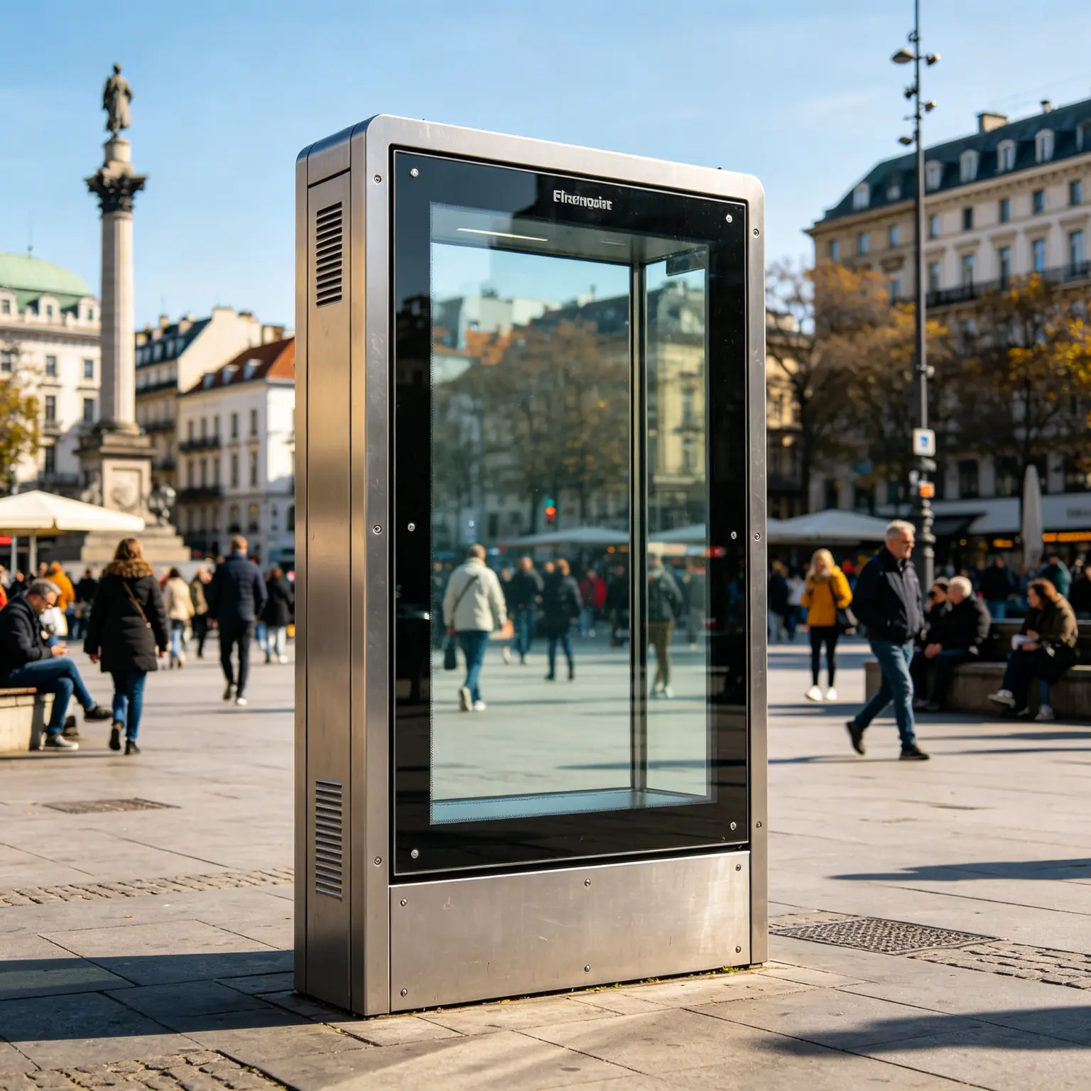 Anti-vandal outdoor digital signage kiosk in a public space